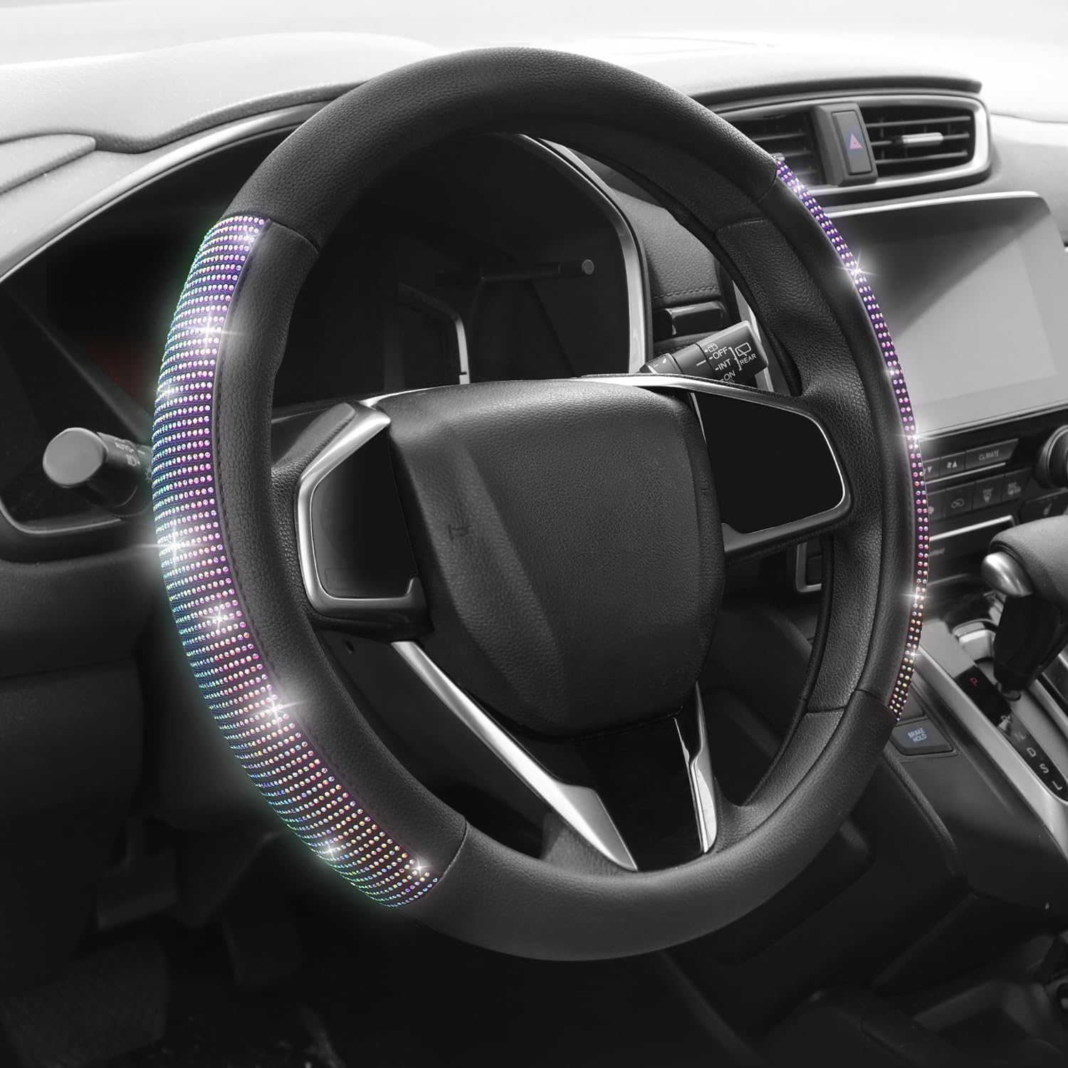 Auto Dynasty Diamond Steering Wheel Cover, Leather Car Steering Wheel Protector with Cystal Diamond Contrast Design, Anti-Slip Inner Rubber Lining, [