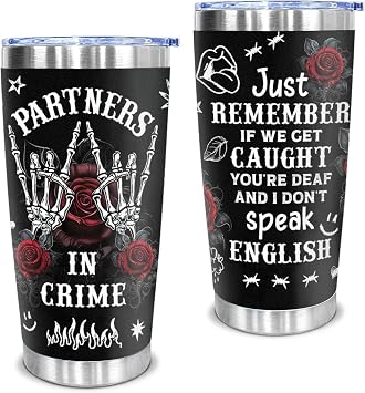 Gothic Partners in Crime Tumbler Gift for Best Friend, Funny Stainless Steel Travel Mug with Skeleton Hands & Roses, Friendship BFF Birthday Christmas Present for Women Girls