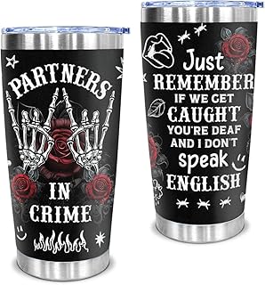 Gothic Partners in Crime Tumbler Gift for Best Friend, Funny Stainless Steel Travel Mug with Skeleton Hands & Roses, Friendship BFF Birthday Christmas Present for Women Girls