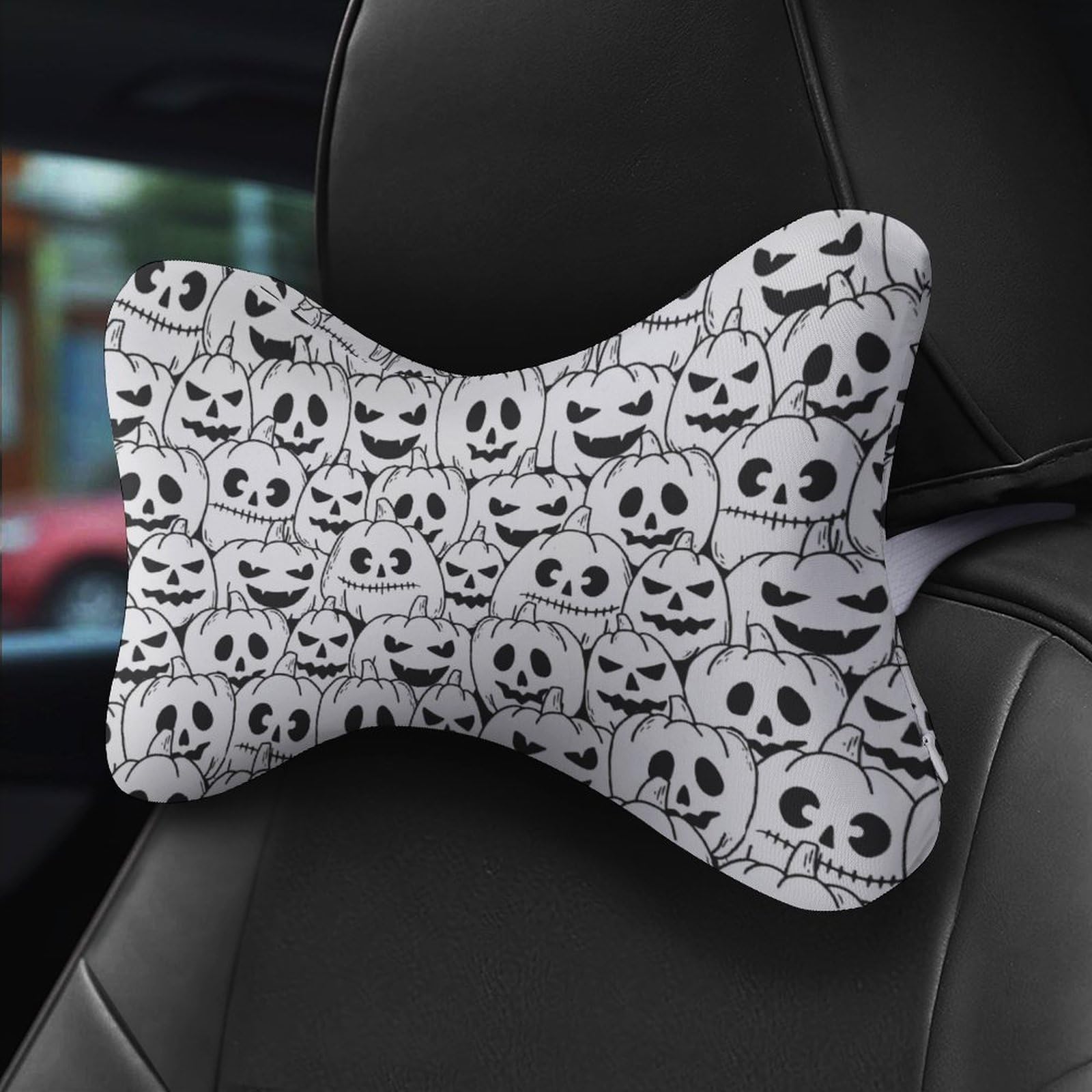 SMAZDFXX Halloween Funny Scary Pumpkin Head Car Neck Pillow Set of 2 Car Seat Head Support Cushion Bone Pillows with Elastic Strap