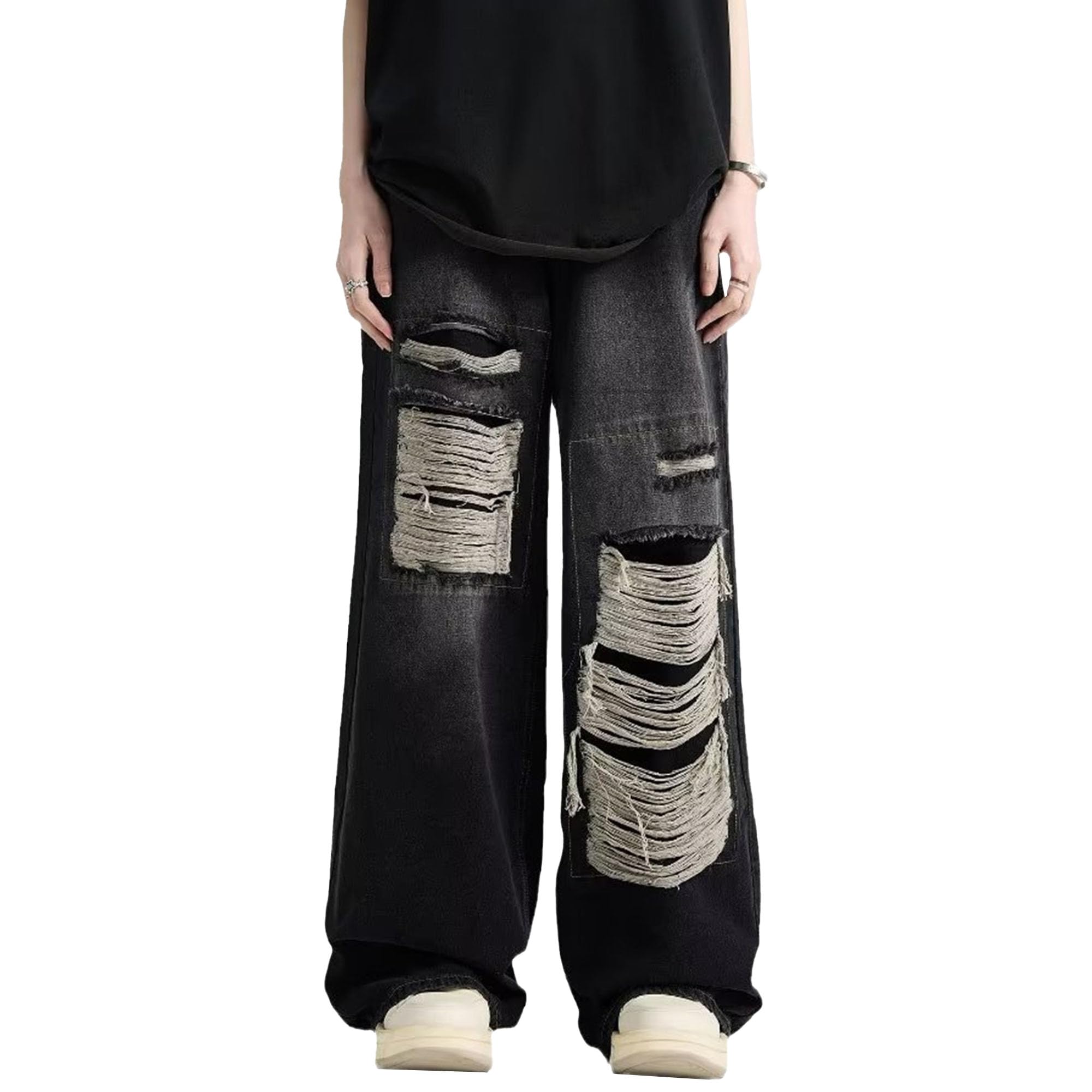 JEShifangjiusu Men Y2K Baggy Grunge Ripped Jeans High Waisted Washed Demin Pants Loose Aesthetic Distressed Jeans