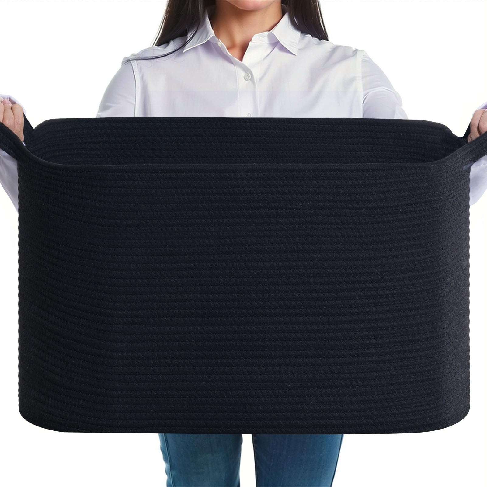 JOJOSEE Groß Wäschekorb aus Baumwolle, 63L Geflochten Aufbewahrungskorb mit Henkeln, Korb für Decken, Kleidung, Spielzeug, Laundry Basket für Kinderzimmer Wohnzimmer, 55 x 38 x 30 cm, Schwarz