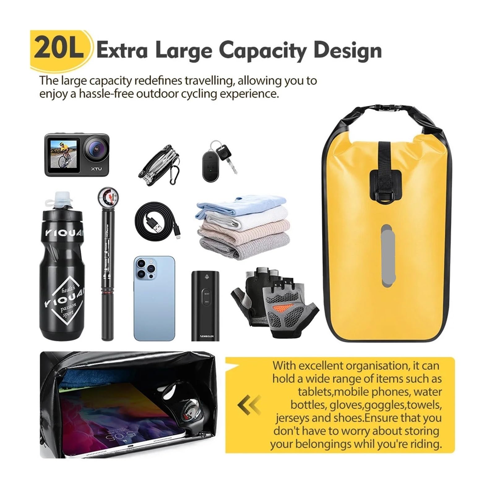 Wodoodporna torba rowerowa 1/2PCS 10L-20L | Przechowuj sprzęt na długodystansowe wycieczki rowerowe.(BAG210-10L-2PCS-ORA)