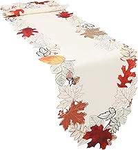 Simplebrand Linen Textured Fall Halloween Table Runner 70 Inches Long, Cutwork Applique Embroidered Dresser Scarf for Home Dining Holiday Autumn Halloween Thanksgiving Decor, 13 x 70 Inch