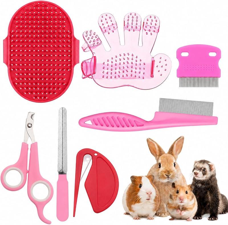 Kit de Higiene e Tosa para Coelhos TARANDUS com Escova, Cortador e Lima de Unhas, Rosa, 7 Peças