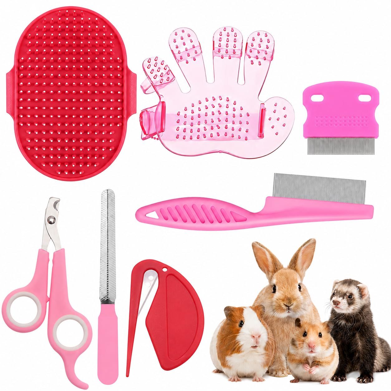Rabbit Grooming Kit, 7-Piece Bunny Brush and Nail Care, Pink