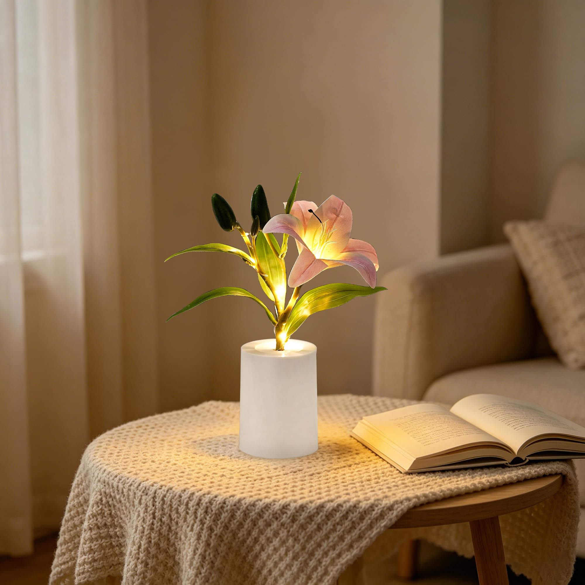 Artificial Pink Lily Lamp, Home Cafe Decor Light Birthday Gifts for Women