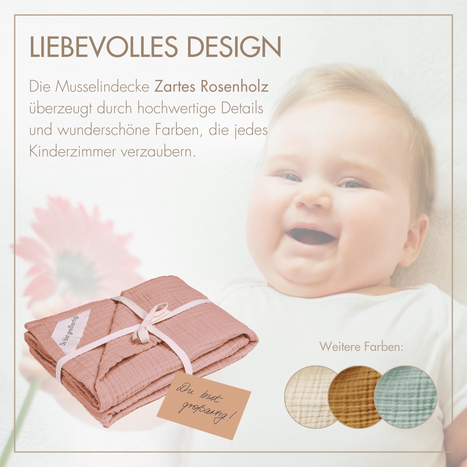 MOYO Musselin Babydecke Zartes Rosenholz I 75x100cm I Atmungsaktive Kuscheldecke aus Baumwoll-Musselin I Weiche Baby-Bettdecke für Junge & Mädchen I Baumwolldecke Geburt
