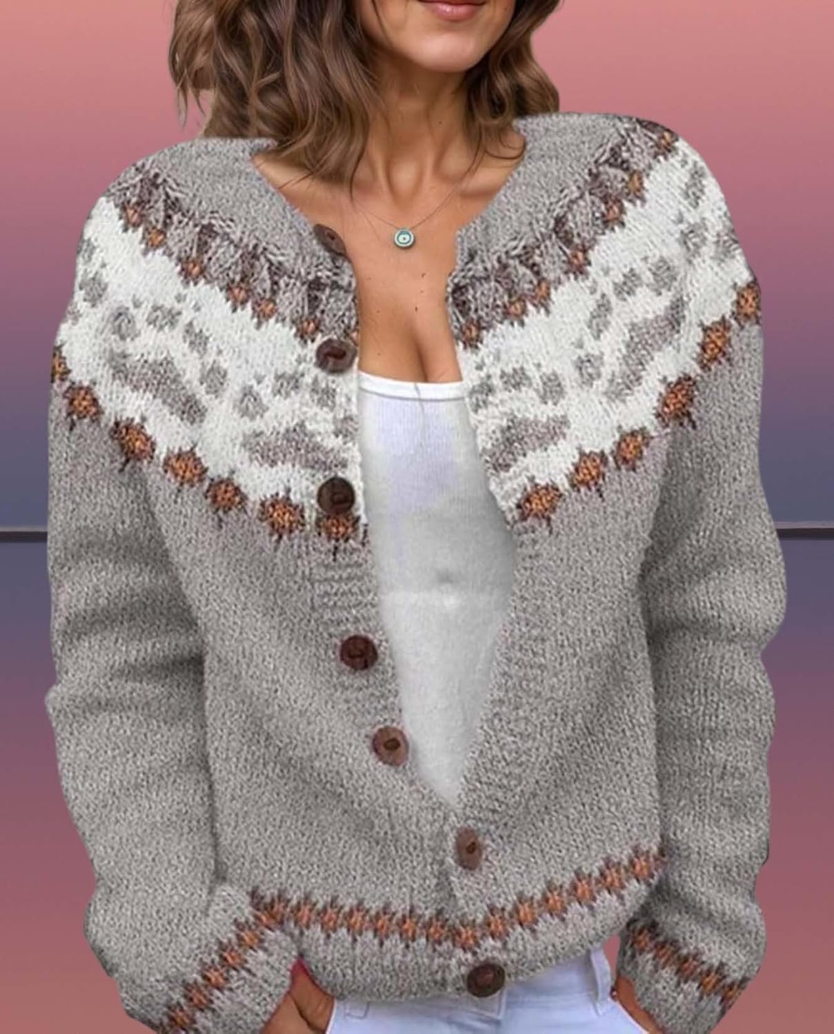 Women's Fair Isle Pattern Knit Cardigan Sweater Vintage Button Down Open Front Jacket Coat for Fall & Winter 2025 - Image 6