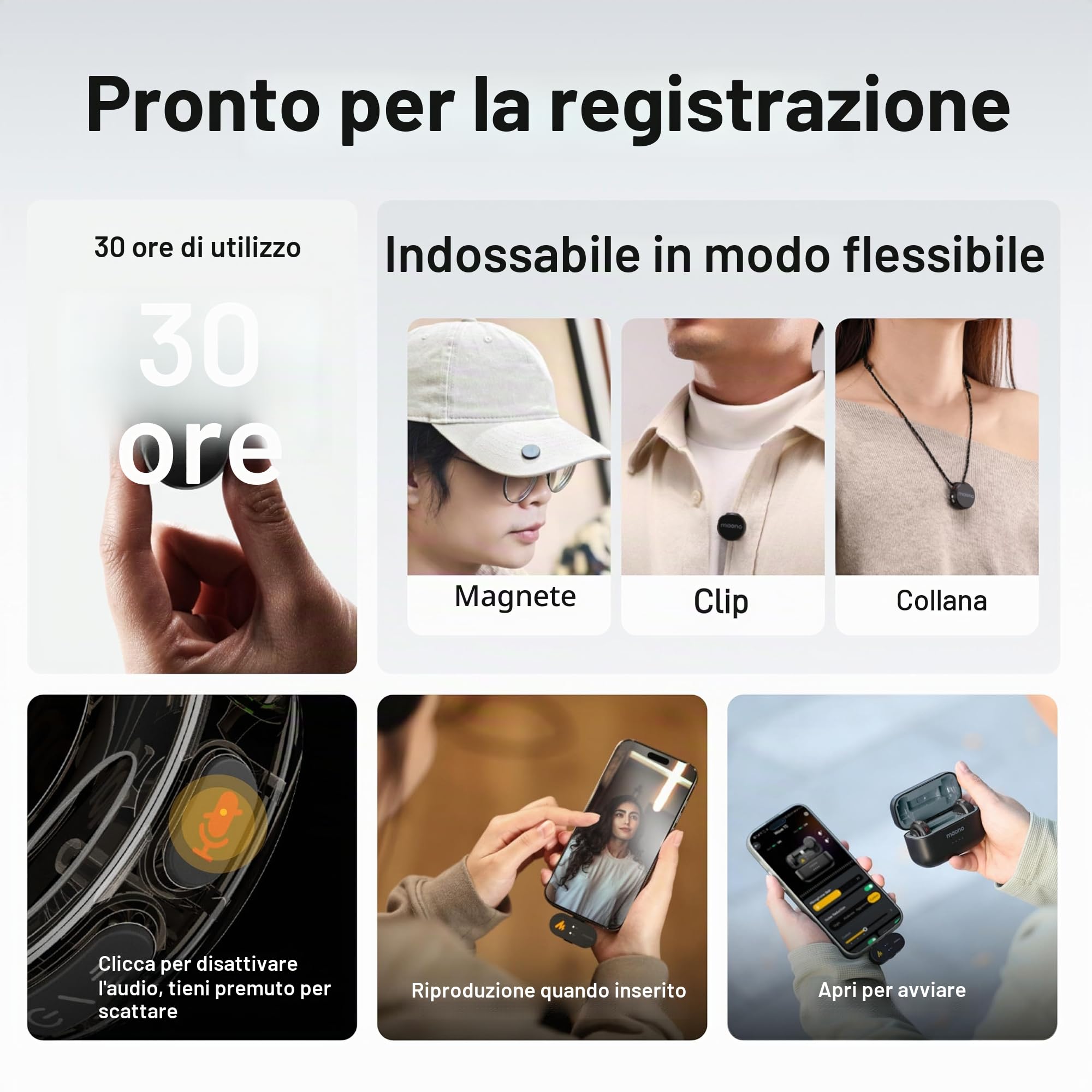 MAONO Wave T5 Mini Microfono Wireless per Smartphone (USB-C) - Microfono Lavalier 48kHz/24Bit, 30h di Autonomia, 300m di Raggio e Riduzione del Rumore. Mini Microfono per Vlog e Streaming su YouTube