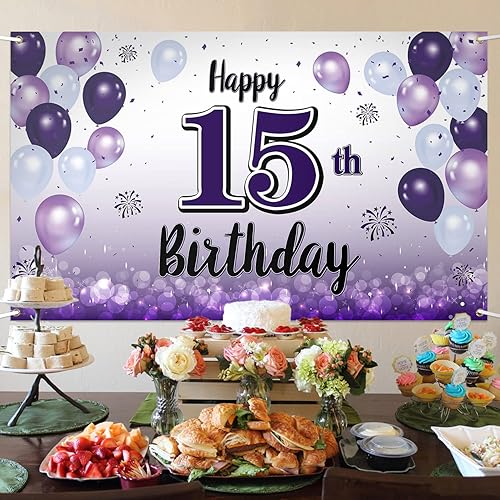 Miniatura 3 de LASKYER Cartel grande morado de feliz cumpleaños 15  Saludos a los quince años de edad, telón de fondo fotoprop de pared para el hogar, decoración