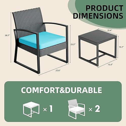 Miniatura 2 de Juego de muebles de patio de 3 piezas, sillas de mimbre con mesa auxiliar, marco de metal, para balcón al aire libre, porche