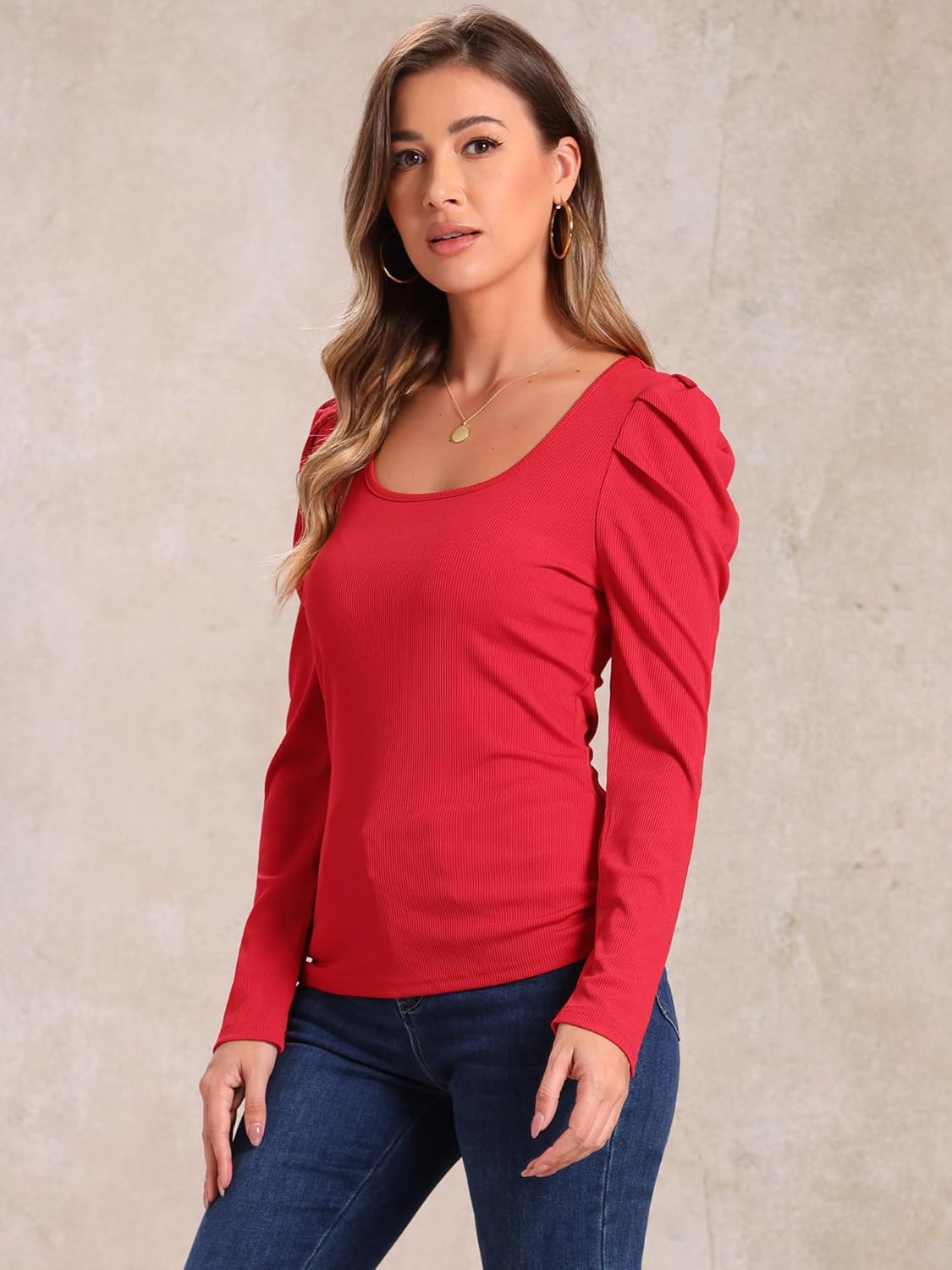 Allegra K Puff Sleeve Top for Women's Square Neck Long Sleeve Casual Basic Ribbed Tunic Blouse - Image 4