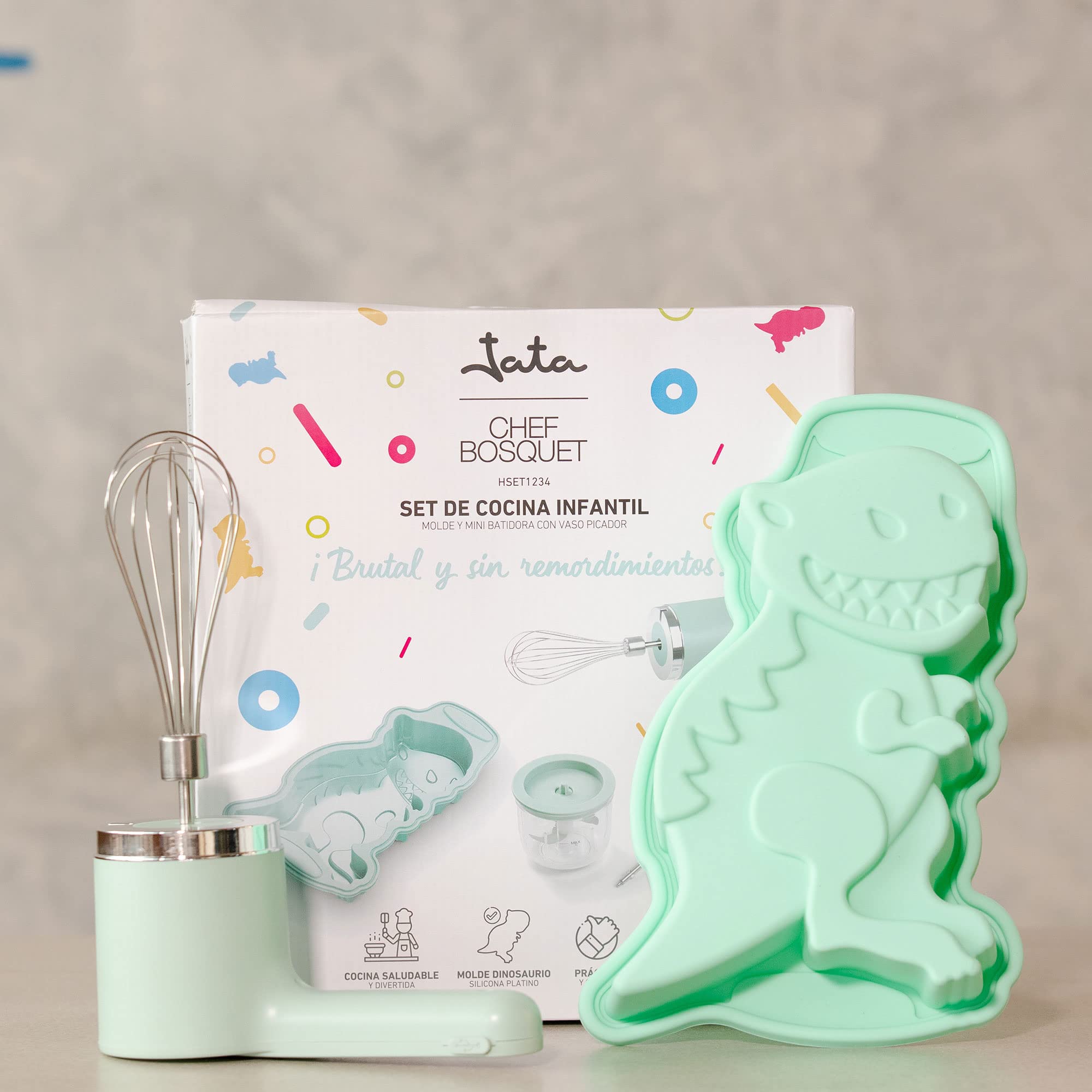 JATA HSET1234 Batidora Infantil sin cable y recargable del Chef Bosquet, 5 velocidades, Con picadora de 300 ml, Incluye molde de silicona antiadherente y accesorios, Para niños a partir de 4 años