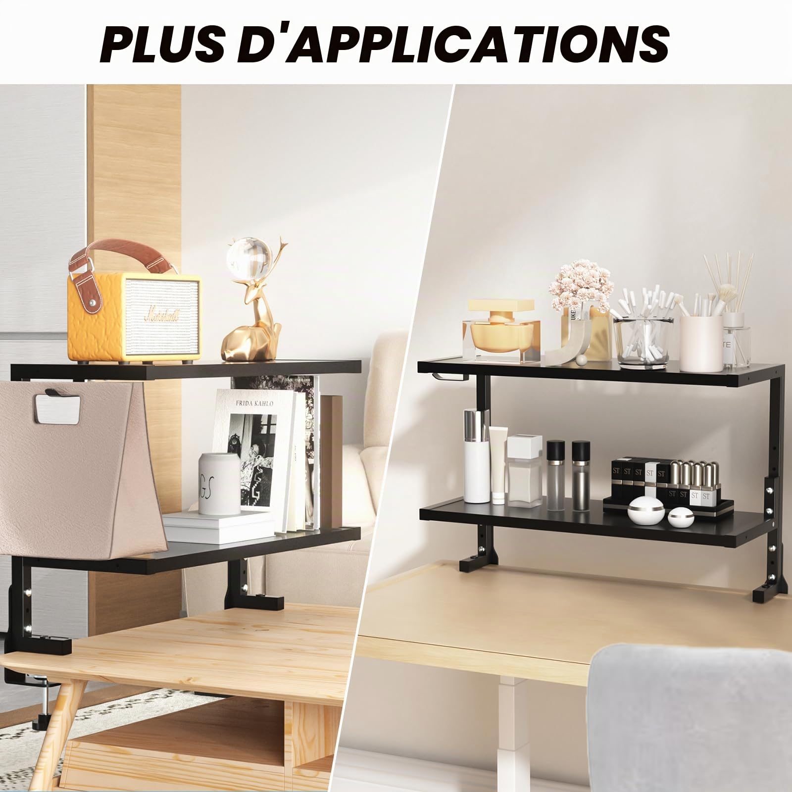 PUTORSEN Organisateur de Bureau à Pince 24 Pouces, Étagère à 2 Niveaux Au-Dessus ou en Dessous, Espace Personnalisé pour Accessoires, Etagere Cuisine, Noir
