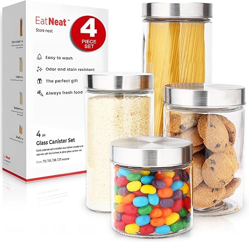 Miniatura 10 de EatNeat Juego de 4 recipientes de vidrio con tapas herméticas de bambú, almacenamiento de cocina para regalo, tarro alto para espagueti, 74563620