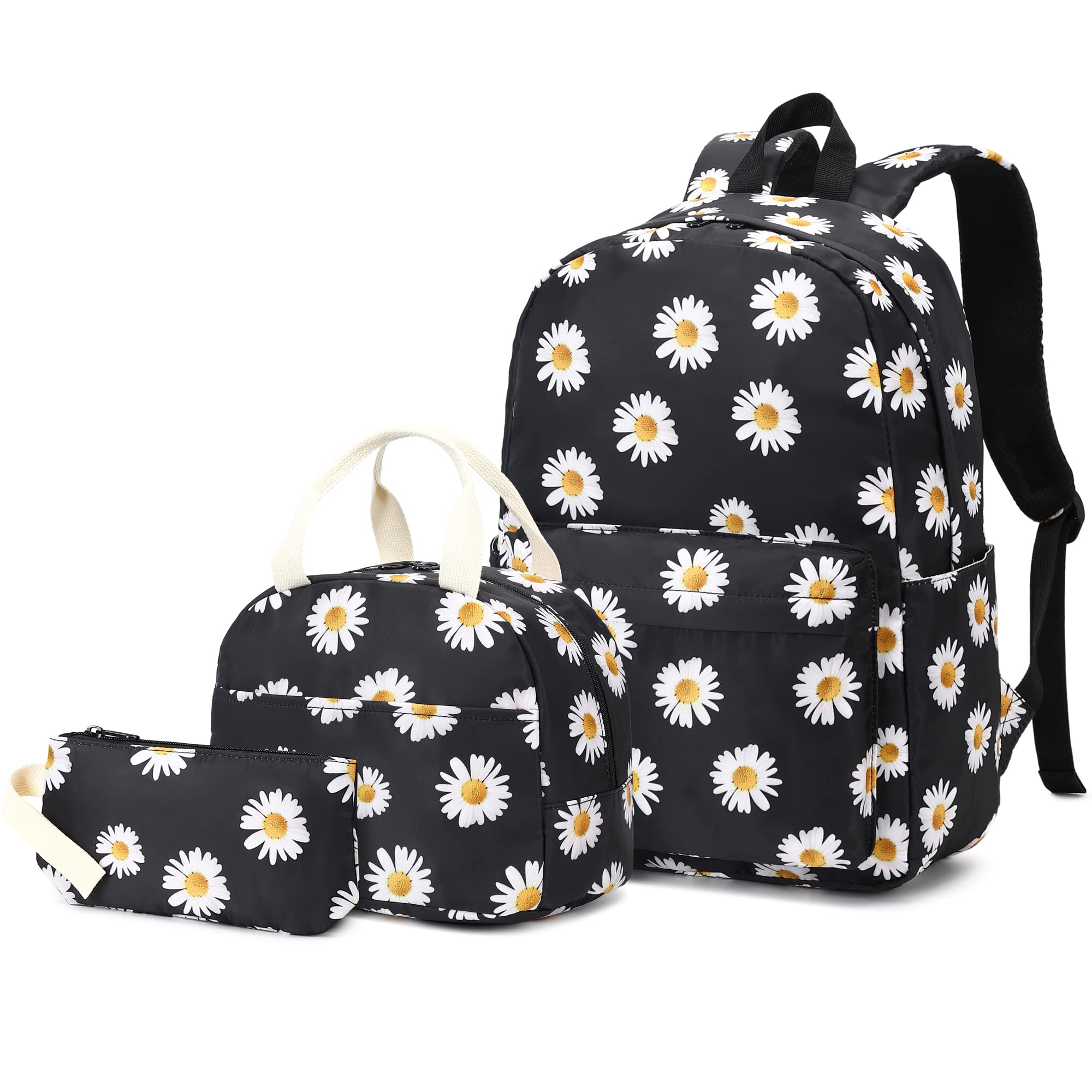 Girls School Backpack Set, Kids Teens School Bag Bookbag with Lunch Bag Pencil Bag, Daisy Black, L
