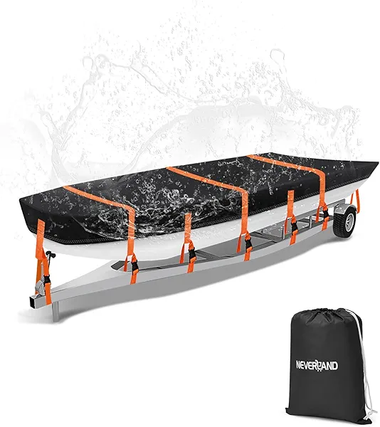 Jon Boat Cover 14ft - 16 ft Heavy Duty Jon Boat Waterproof Trailerable Jon Boat Covers with Windproof Straps, Fits 16ft Long and Beam Width up to 75 inches, Black
