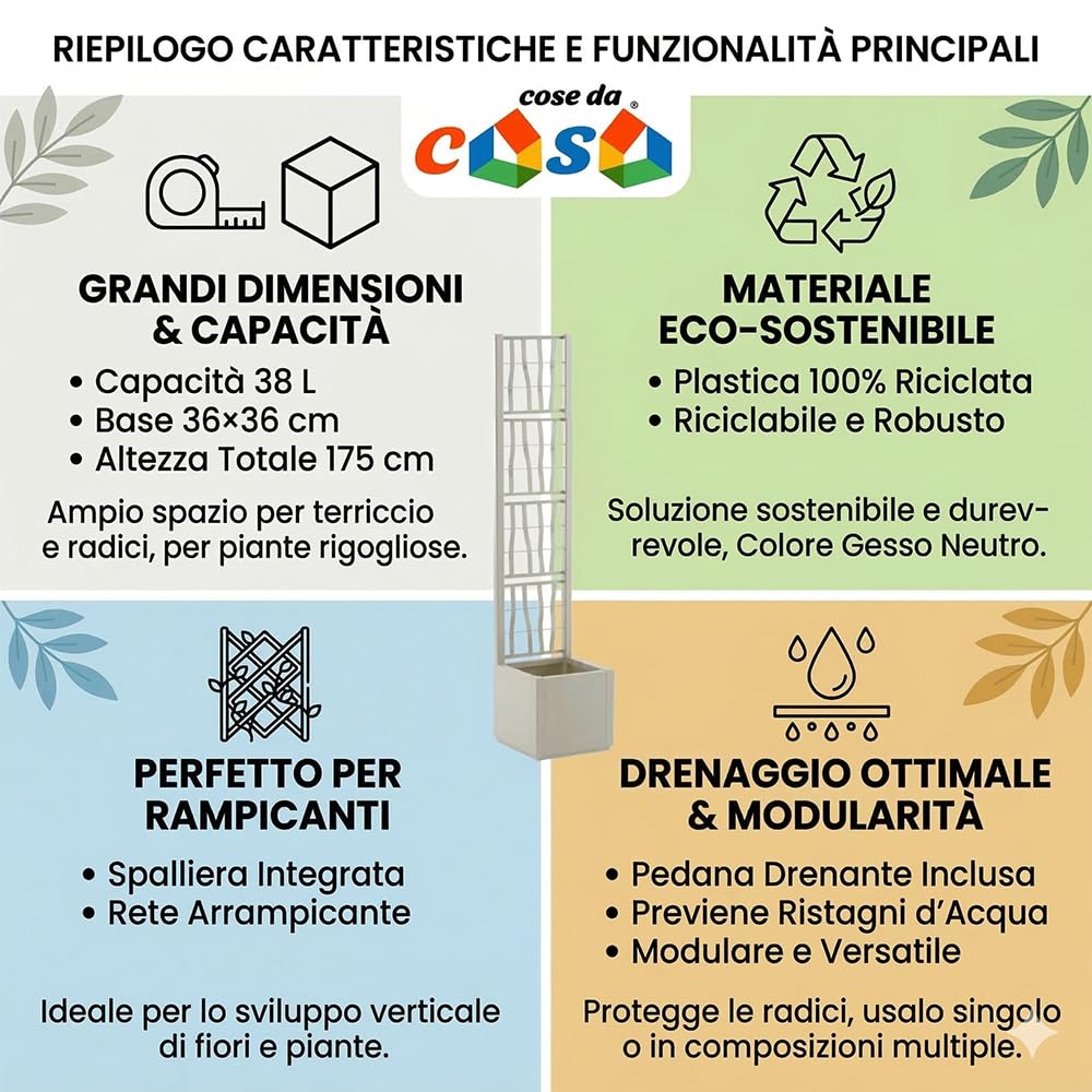Fioriera quadrata 36x36cm o rettangolare P36 × L80 × H 35cm gesso con griglia Spalliera H175 Arrampicante per piante fiori da Esterni Giardini separatore ambienti (fioriera quadrata 36x36xH175)