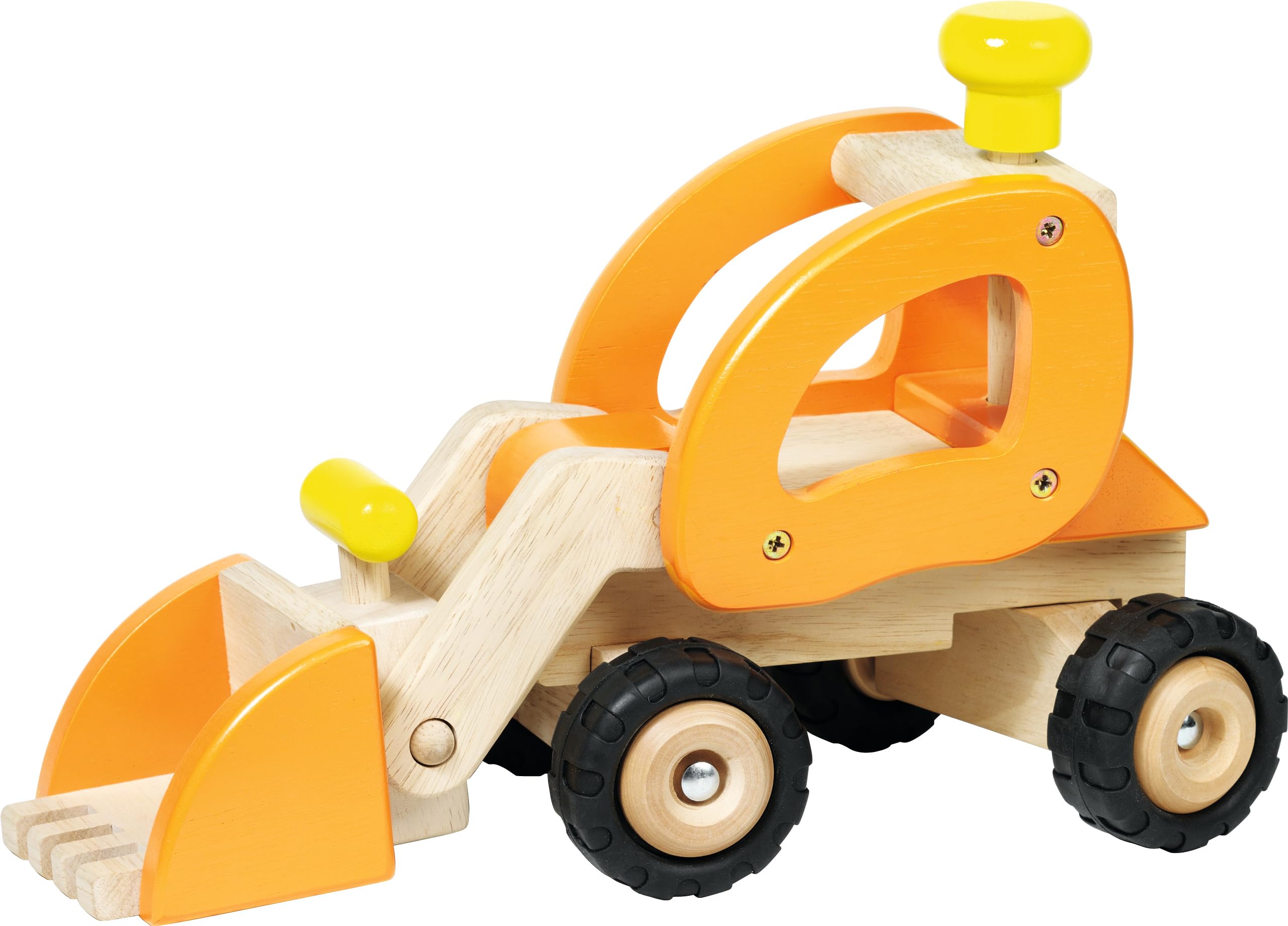 goki 55962 - Radlader aus Holz, Baustellenfahrzeug in gelb, lenkbar und mit Gummireifen, bewegliche Schaufel, perfekt zu Hause und im Kinderzimmer, Maße 31 x 14 x 21 cm, ab 3 Jahre