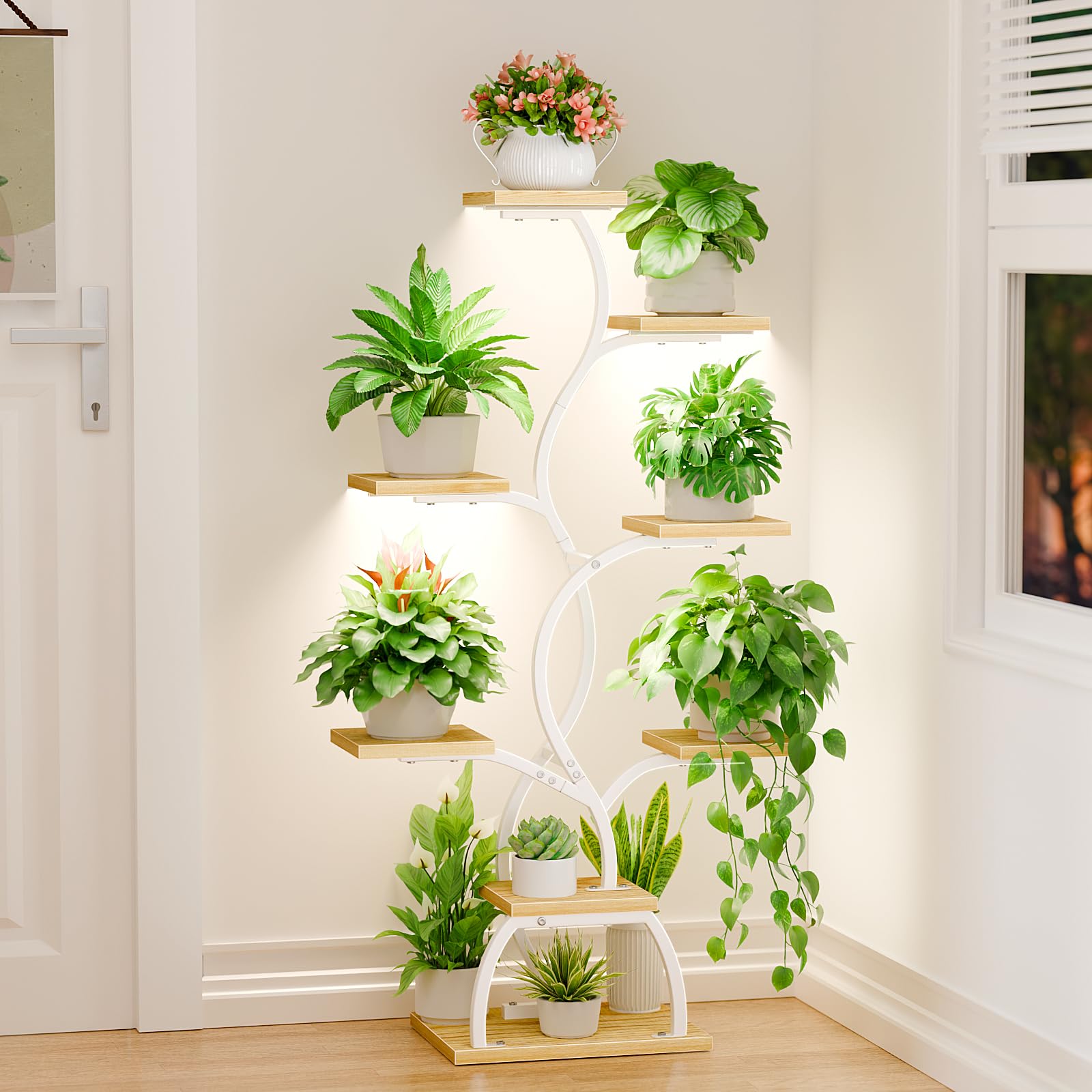 BACEKOLL Soporte para plantas con luz de crecimiento - 8 niveles, soporte para flores de 124 cm, metal y madera, estantería para plantas - Escalera de flores para interior y exterior - Blanco