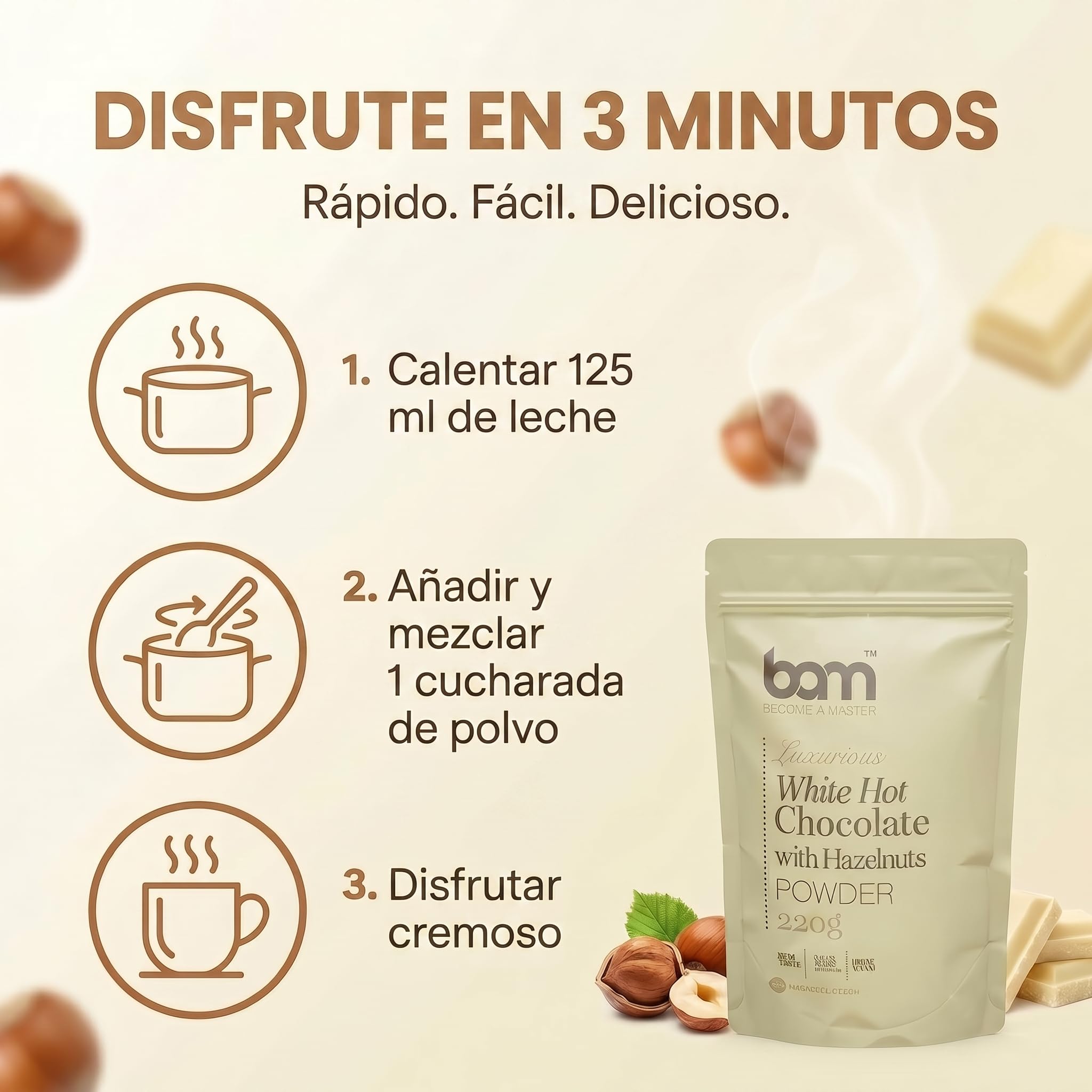 BAM Chocolate Blanco a la Taza con Avellanas, 220 g – Chocolate Caliente en Polvo – Preparado para Bebida Suave y Cremosa con Cuchara Medidora
