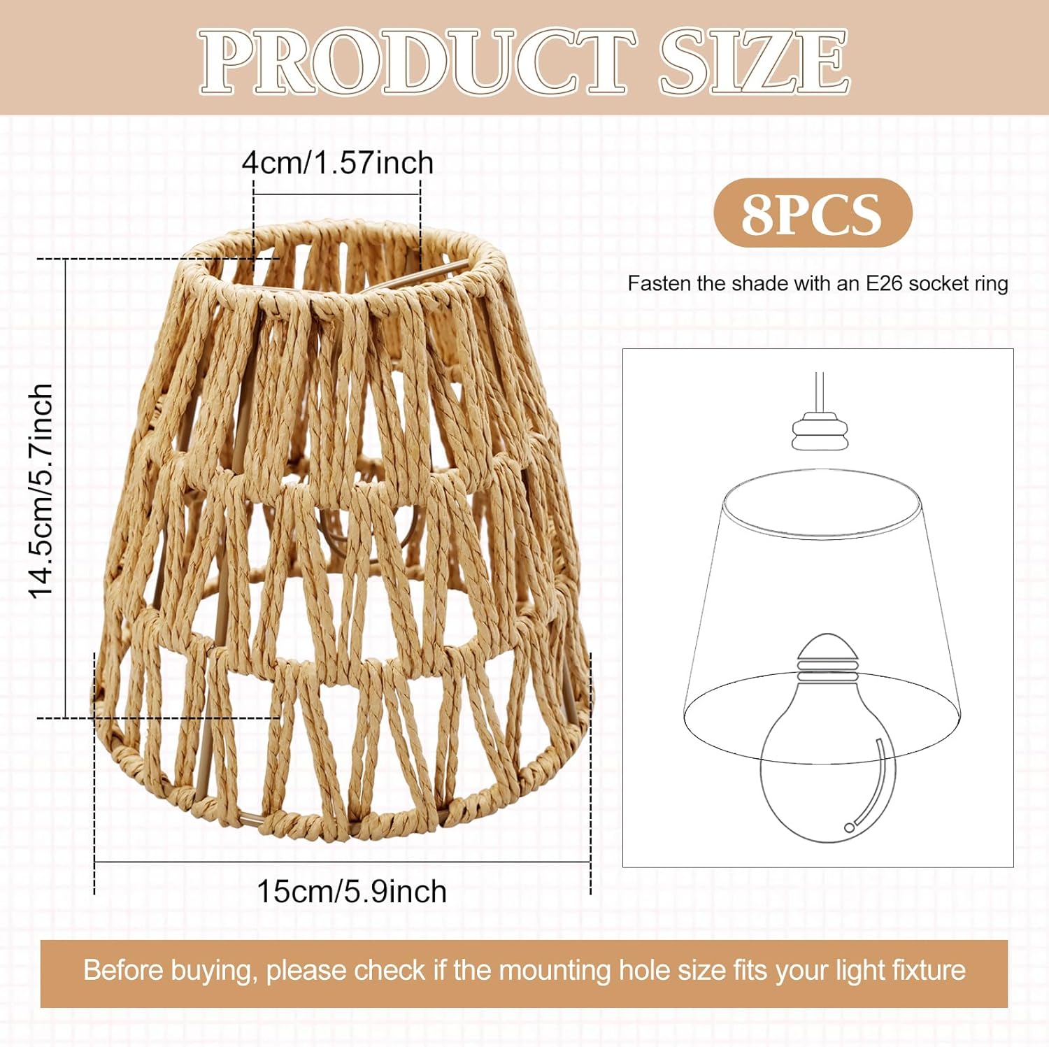 8 Pcs Small Rattan Bell Lamp Shade 5.9 x 5.7 Inch Handwoven Wicker Chandelier Barrel shades Boho Replacement Shades for Pendant, Table, Floor, and Sconce Lamps (Fitter 1.57")