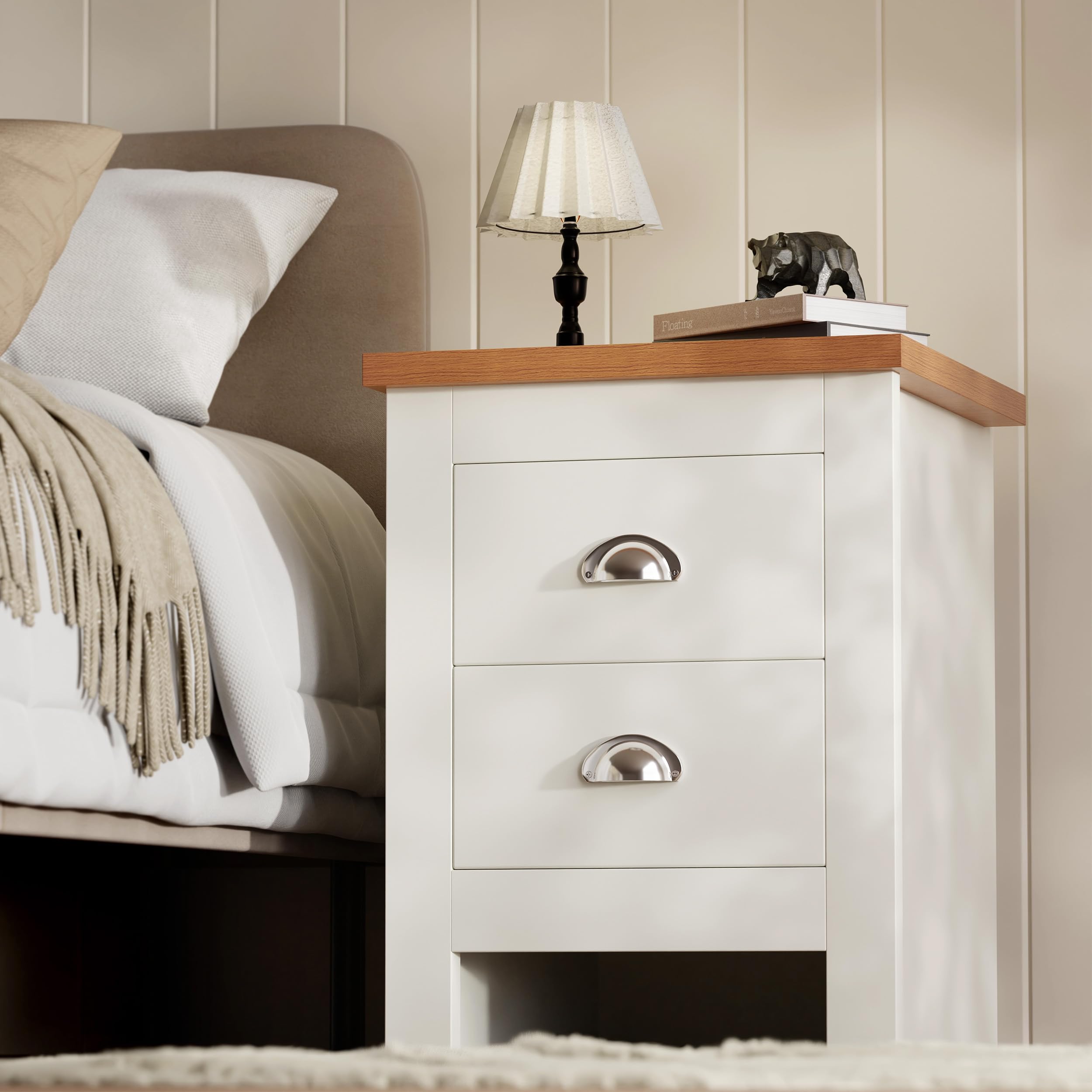 Blisswood Chest of Drawers, Bedroom Storage Cabinets with 2 Drawers, MDF Wood, Stainless Steel Handles, Ideal for Living Room, Hallway, Office Furniture, White/Oak 37D x 45W x 52H CM
