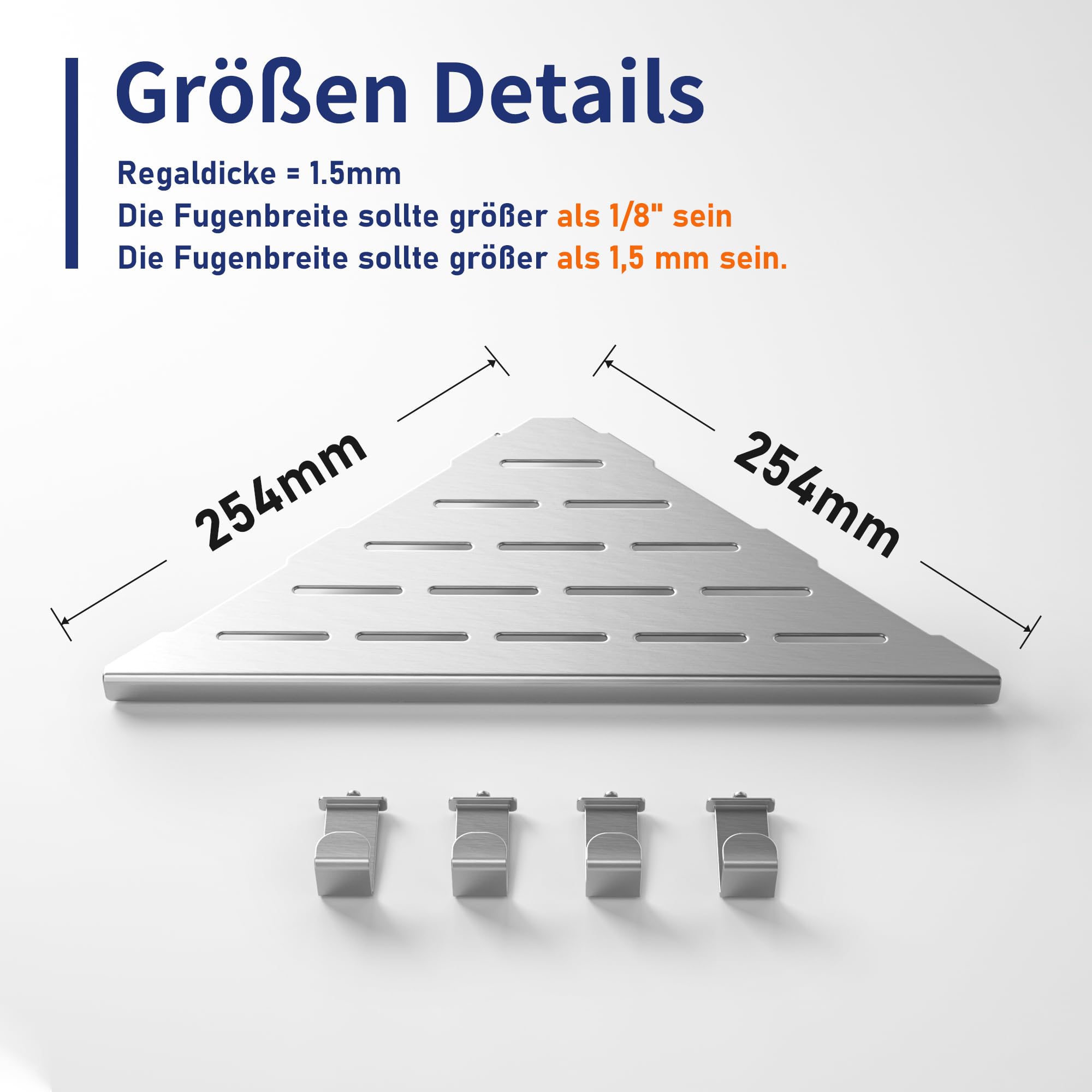 Eck-Duschregal aus 304 Edelstahl mit 4 verschiebbaren Haken | Upgrade 25,4 cm Eckregal Dusche, Duschablage Ecke für Badrenovierung & Umbau, passend für geflieste Wände, gebürstet