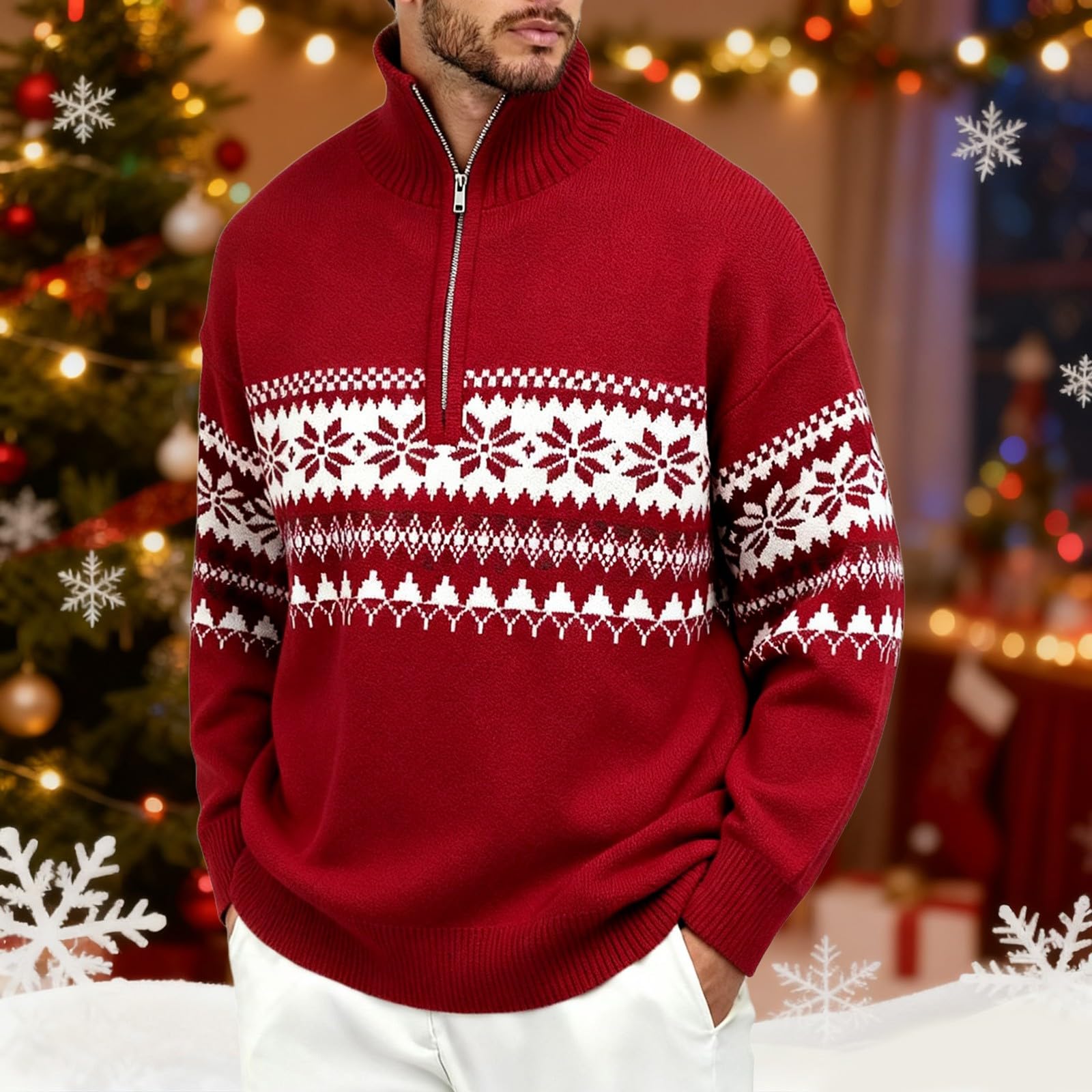 Generisch Maglione natalizio da uomo a mezza zip, divertente maglione natalizio da uomo, maglione invernale