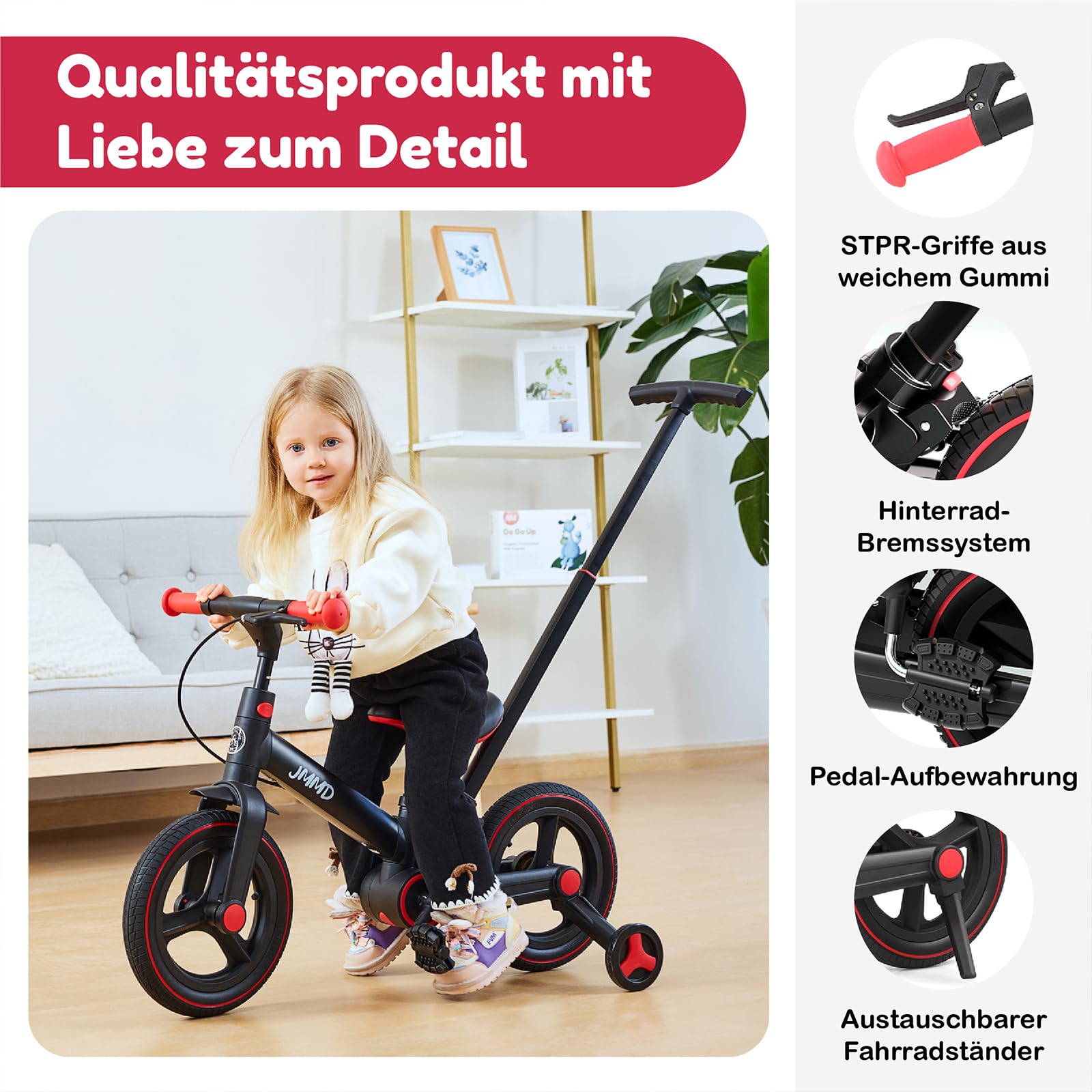 JMMD 6-in-1 Kinderfahrrad mit Stützrädern und Pedalen, Alter 18 Monate-5 Jahre, 12 Zoll Konvertierbares und Faltbares Laufrad & Fahrrad mit Verstellbarem Elternschiebegriff, Ständer, Bremsen