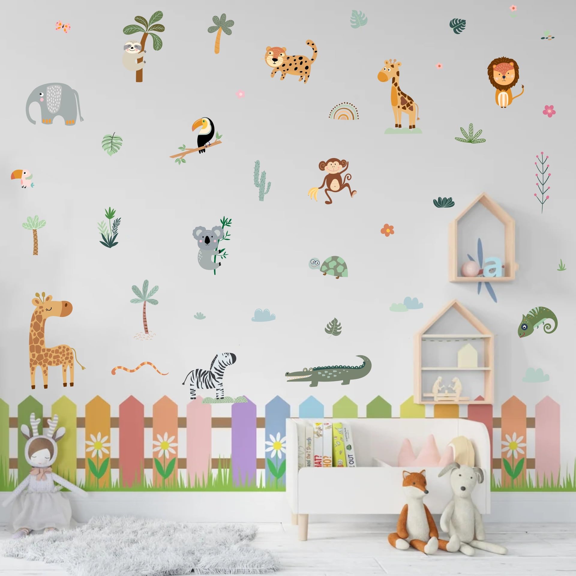 8 Sheets Bohemian Style Animals Cute Cartoon Animals Decor Wall Stickers for Bedroom Nursery Living Room Refrigerator Kindergarten Living Room,Boho Safari Animals Elephant Giraffe Lion Decals