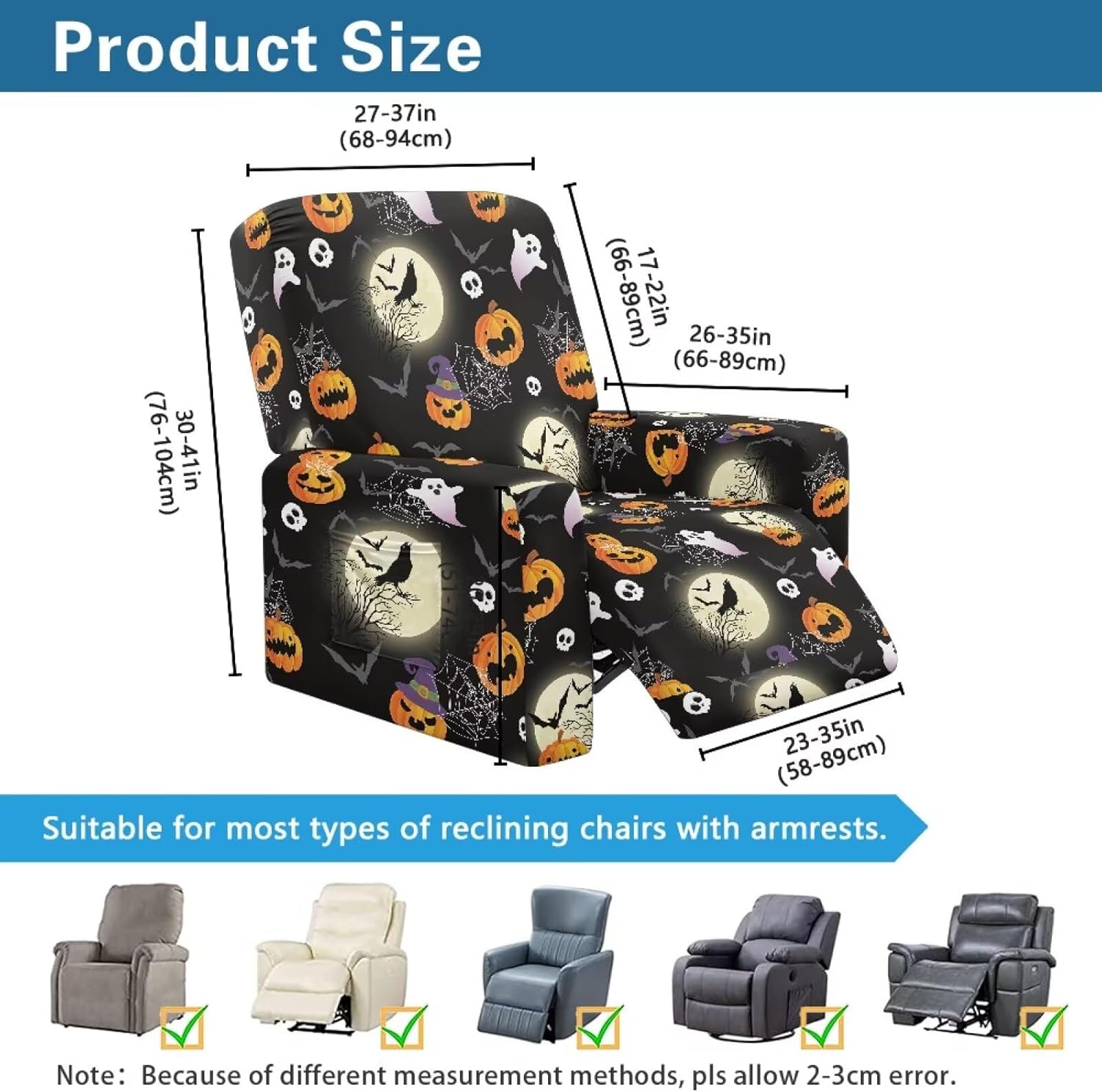 FOR U DESIGNS Halloween Crow Pumpkin Ghost Reclining Chair Cover 4 Piece Set Stretchy Slipcover Storage Pockets Washable Protector for Living Room Small Recliners Furniture