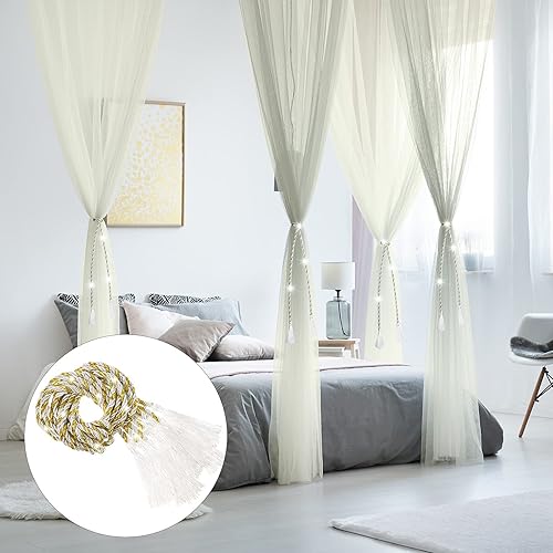 Vista 4 de 4 postes de esquina Mosquitera cortinas de cama grandes mosquiteros para dormitorio, decoración de princesa, cortinas con 4 colgantes de borla