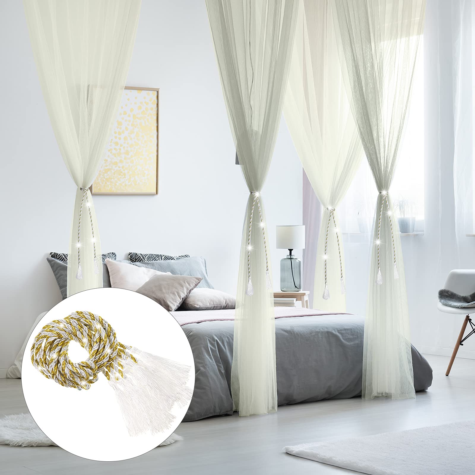 4 postes de esquina Mosquitera cortinas de cama grandes mosquiteros para dormitorio, decoración de princesa, cortinas con 4 colgantes de borla para cama matrimonial, Queen, King (beige) 4