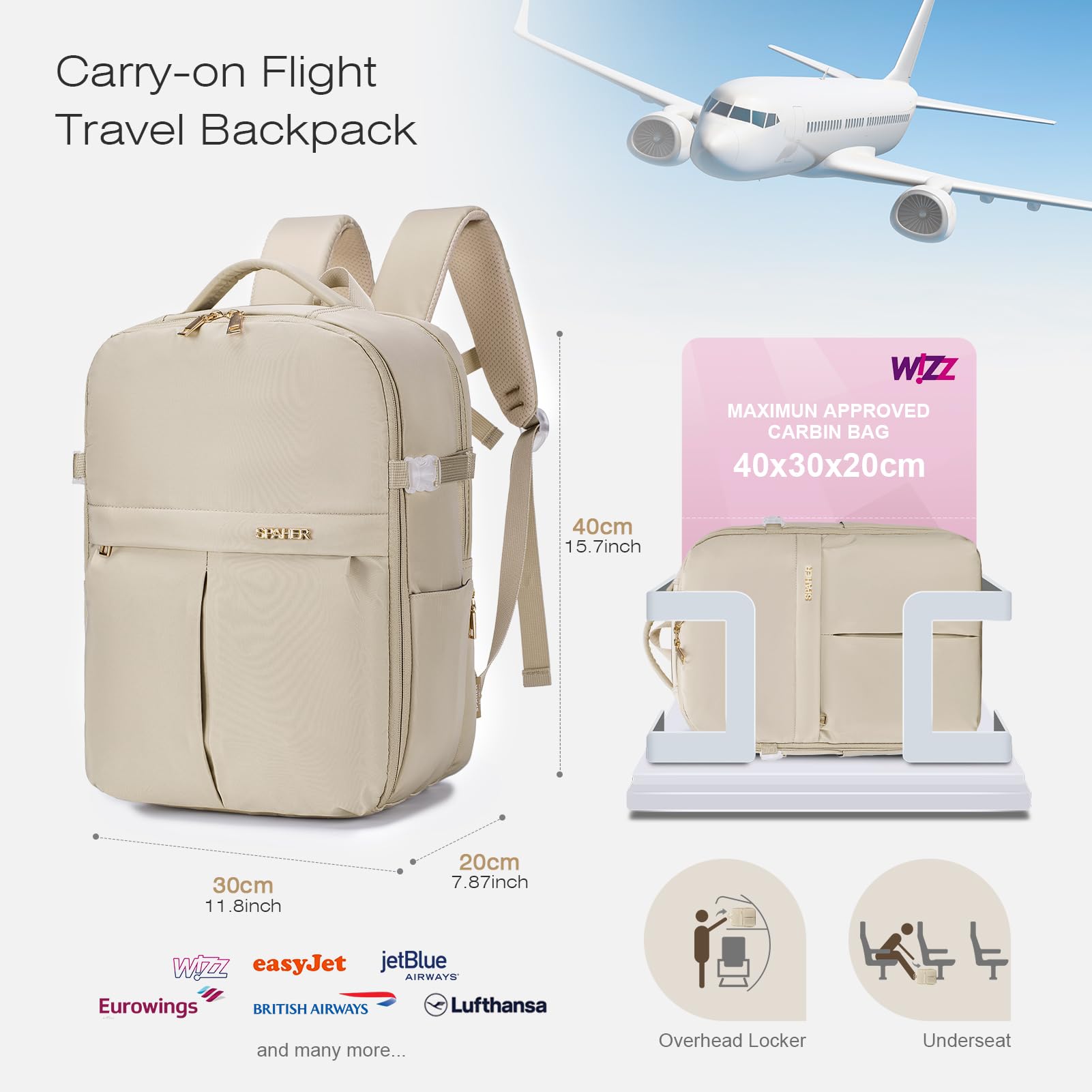 SPAHER Bagaglio a Mano 40x30x20 Wizzair Vueling Zaino Porta PC 15.6 Pollici Zaino da Viaggio Aereo Borse da Cabina per Easyjet Borsa Zainetto Lavoro Impermeabile per Scuola Trekking Lavoro 25L Beige
