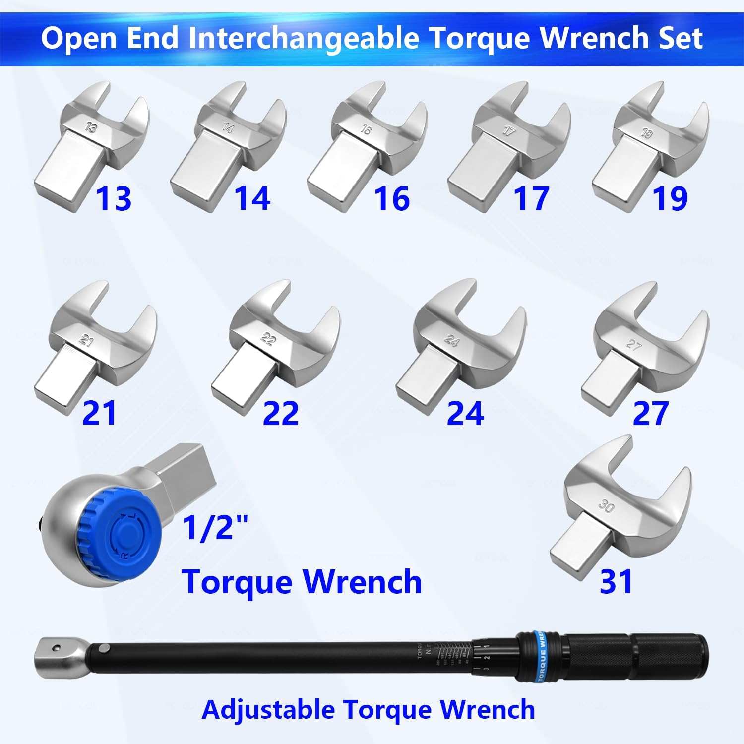 12PCS Open End Interchangeable Torque Wrench Set, 1/2-Inch Drive 22.1-155 ft.-lb (30-210 Nm) 72 Teeth Dual-Direction ±3% Accuracy With 13-30MM Interchangeable Open End Adapters