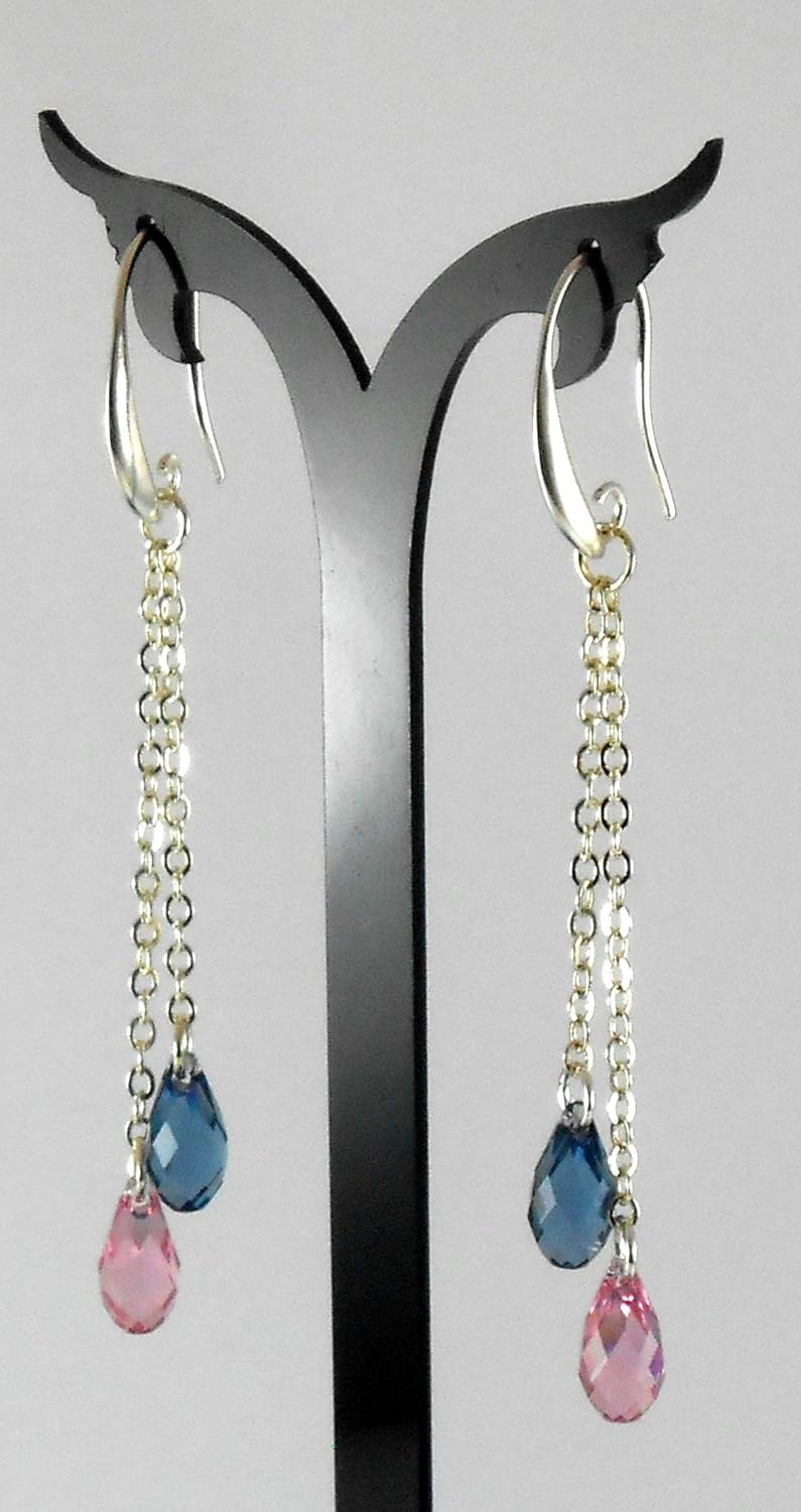 Designer Extra long Hook Earrings uniqe Austrian Crystals Pure Silver plated Dangle Drop Jewelry for Women Valentine Mother's Day Bride Teenager Wife Bride Businesswoman Gift Blue N Pink