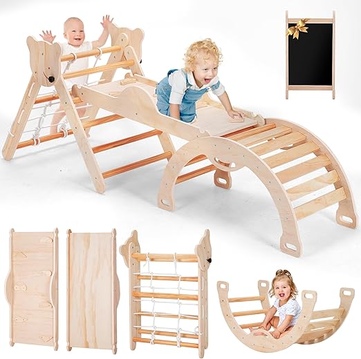 8 in 1 Pikler Triangle Set for Toddler, Foldable Wooden Montessori Climbing Toys with Sliding, Seesaw & Climbing Arch, Indoor Outdoor Playground Jungle Gym for Baby, Kids (Wood)