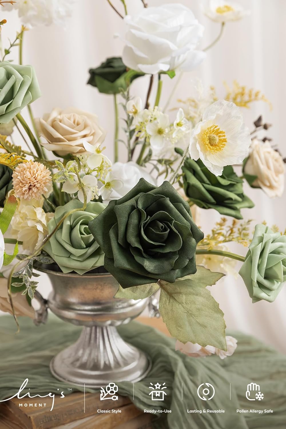 Ling's moment Green Flowers Artificial, Emerald Green & Beige Flowers and Greenery Deluxe Combo Box Set for DIY Wedding Bridal Bouquet, Centerpieces, Home Decor, Floral Arrangement Decor, etc. - Image 3