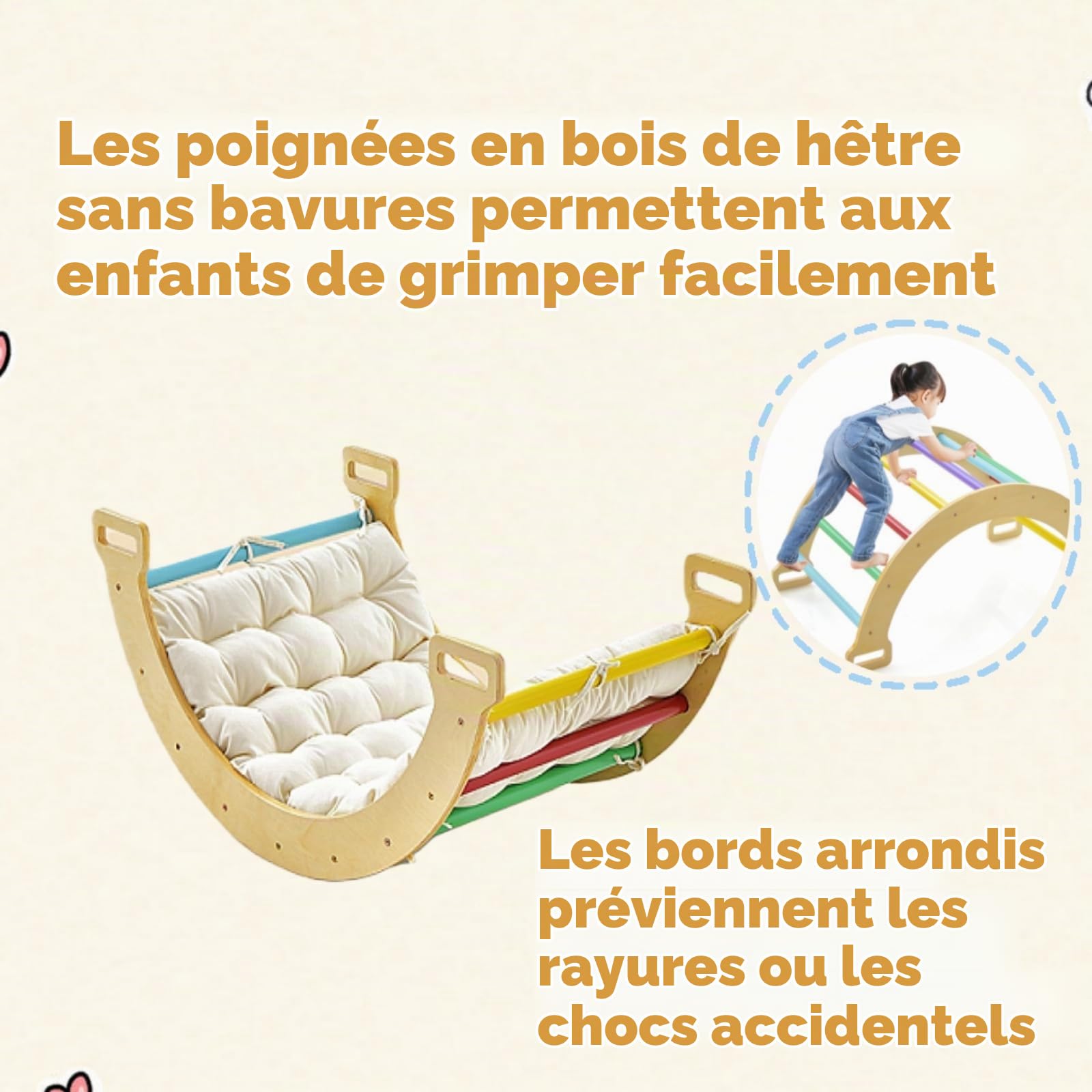 LIFEZEAL 3 en 1 Arche d'escalade en Bois, Carde à Grimper pour Enfants Intérieur, Bateau à Bascule avec Coussin Doux à Double Face, Charge de 50 kg, 1+ Ans,Coloré