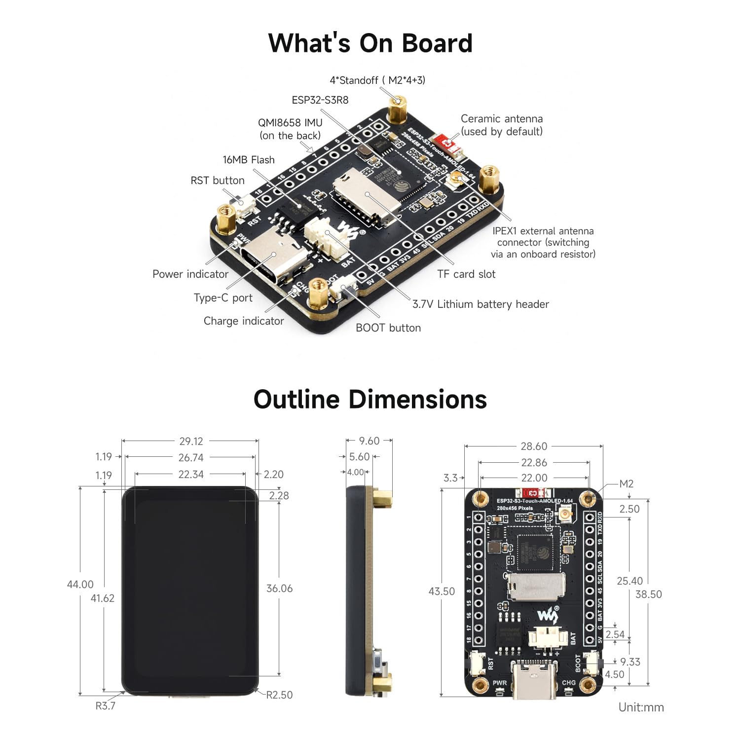 Waveshare ESP32-S3 1.64inch AMOLED Touch Display Development Board, 280x456, QSPI Interface, 32-bit LX7 Dual-Core Processor, Accelerometer & Gyroscope, ESP32 with Display