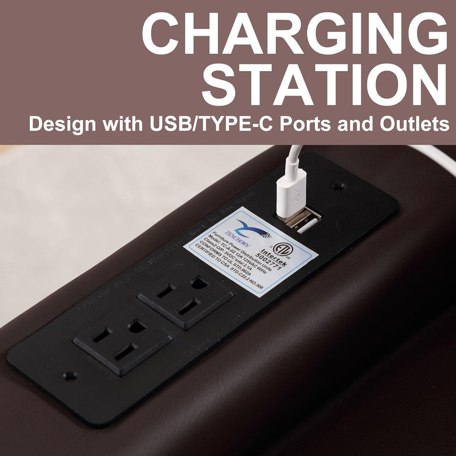 IPKIG Recliner Side Table End Table Console with Drawer, USB Charge Ports and Built-in Outlets (Brown)