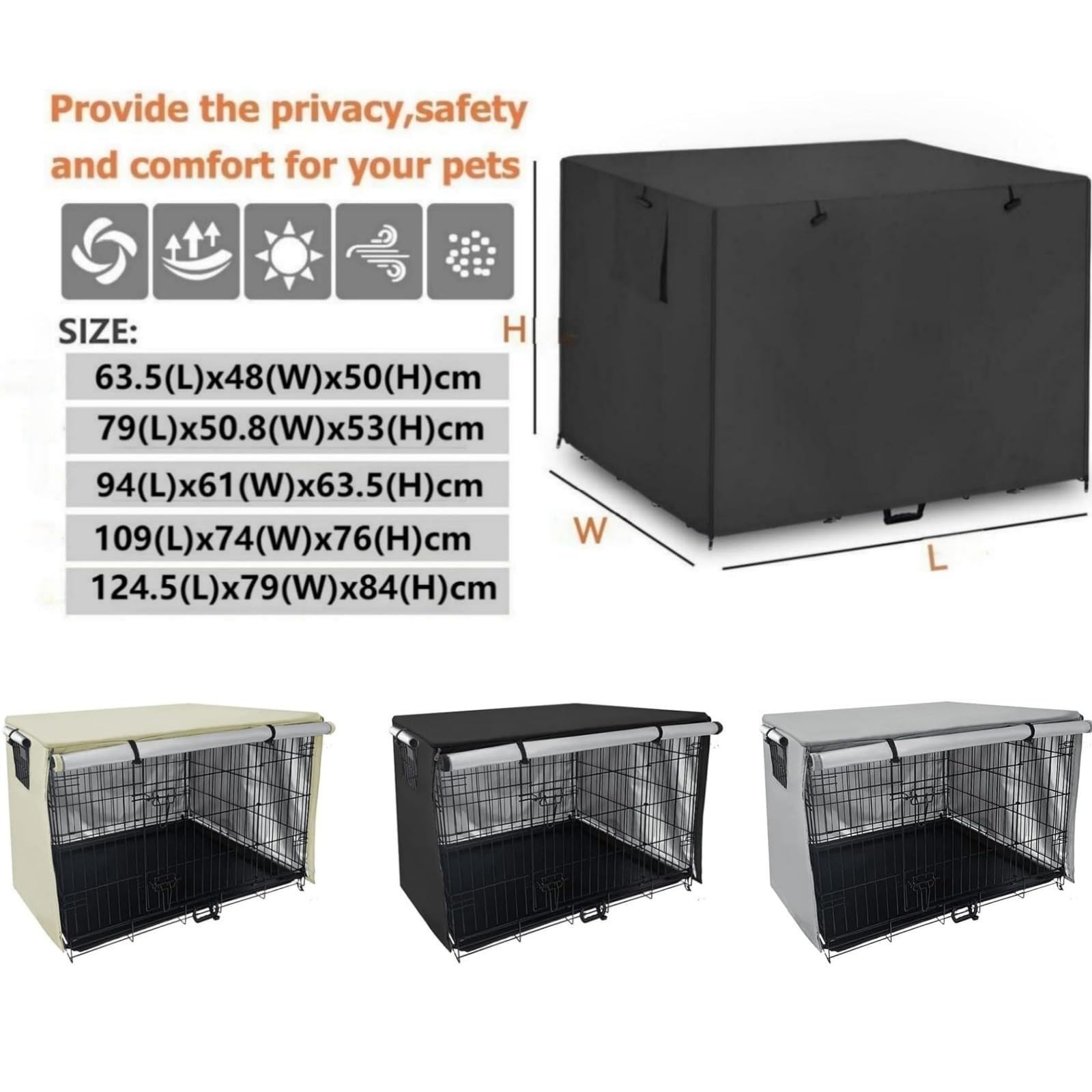 Generico Copertura per Gabbia per Cani Impermeabile, Antivento e Traspirante con Finestra - Tessuto Oxford 210D Oscurante e Portatile per Interni ed Esterni (Nero, 109(L) x74(W) x76(H) cm)