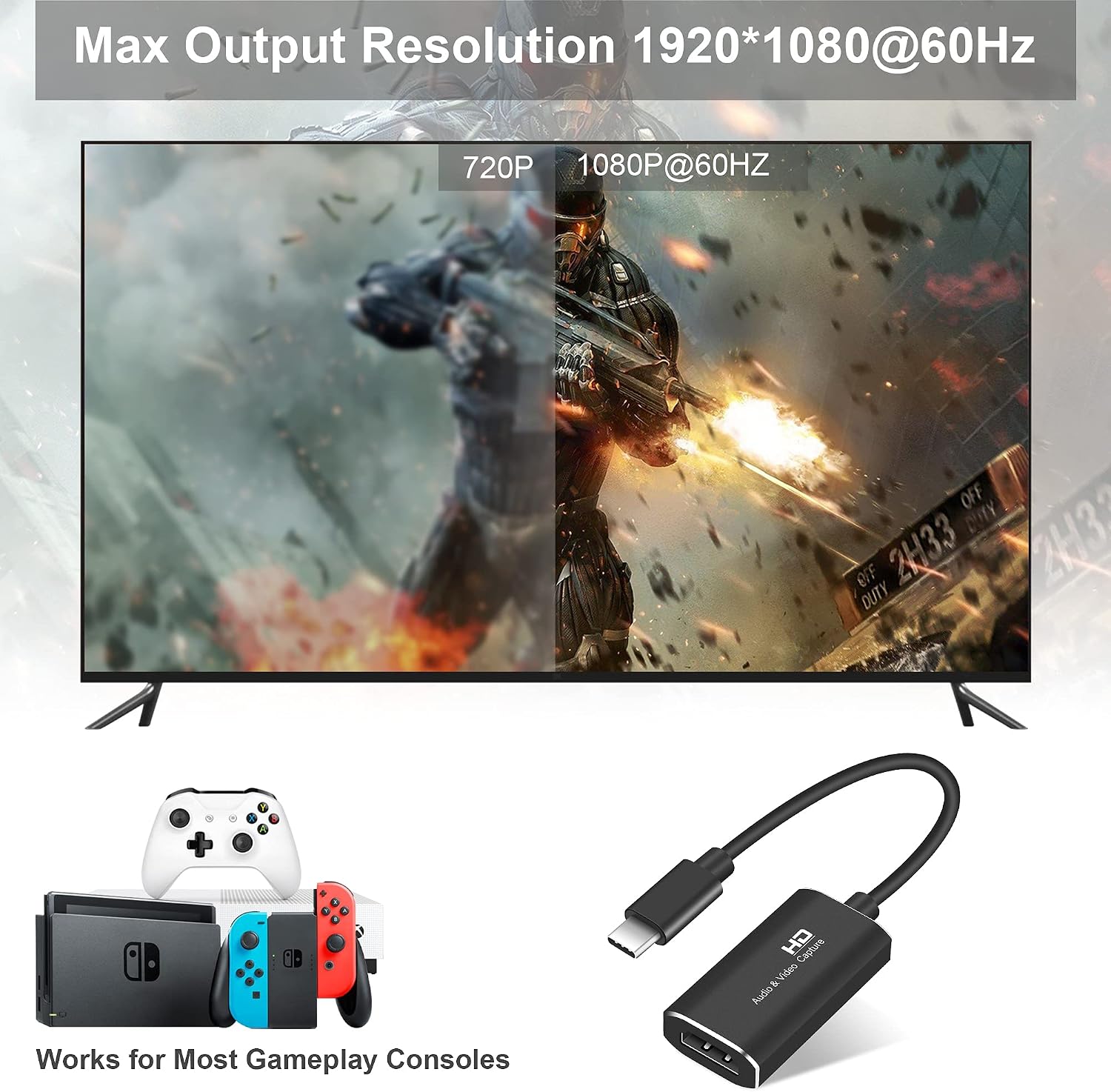 TKHIN Capture Card, Audio Video Capture Card HDMI Game Capture to USB 1080p 60fps, with Type-C to USB Adapter Converter, 4K Full HD Game Capture Low Latency Record for Live Streaming/Gameplay Console