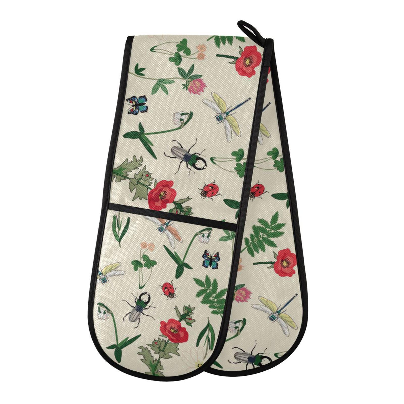 Double Oven Gloves Heat Resistant Vintage Dragonfly Poppy Double Oven Mitts Pot Holder Heat Protection Oven Gloves for Home Kitchen Baking Cooking BBQ Microwave