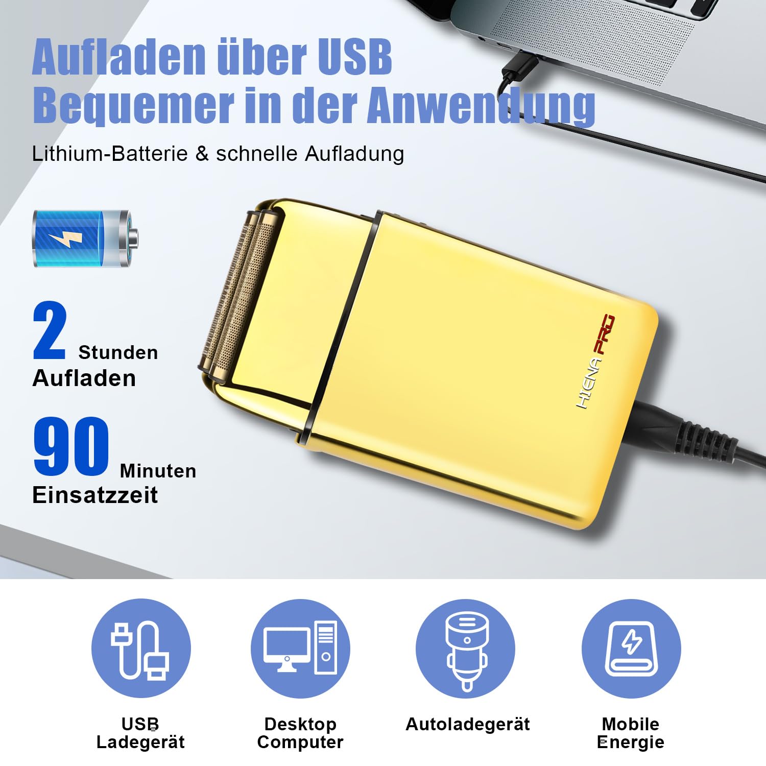 HIENA PRO Folienrasierer Herren, Reiserasierer Herren Null Maschine Haare, Epilierer Herren Friseur, Folienrasierer Für Herren, Elektrorasierer, Abnehmbar und waschbar, USB, Golden
