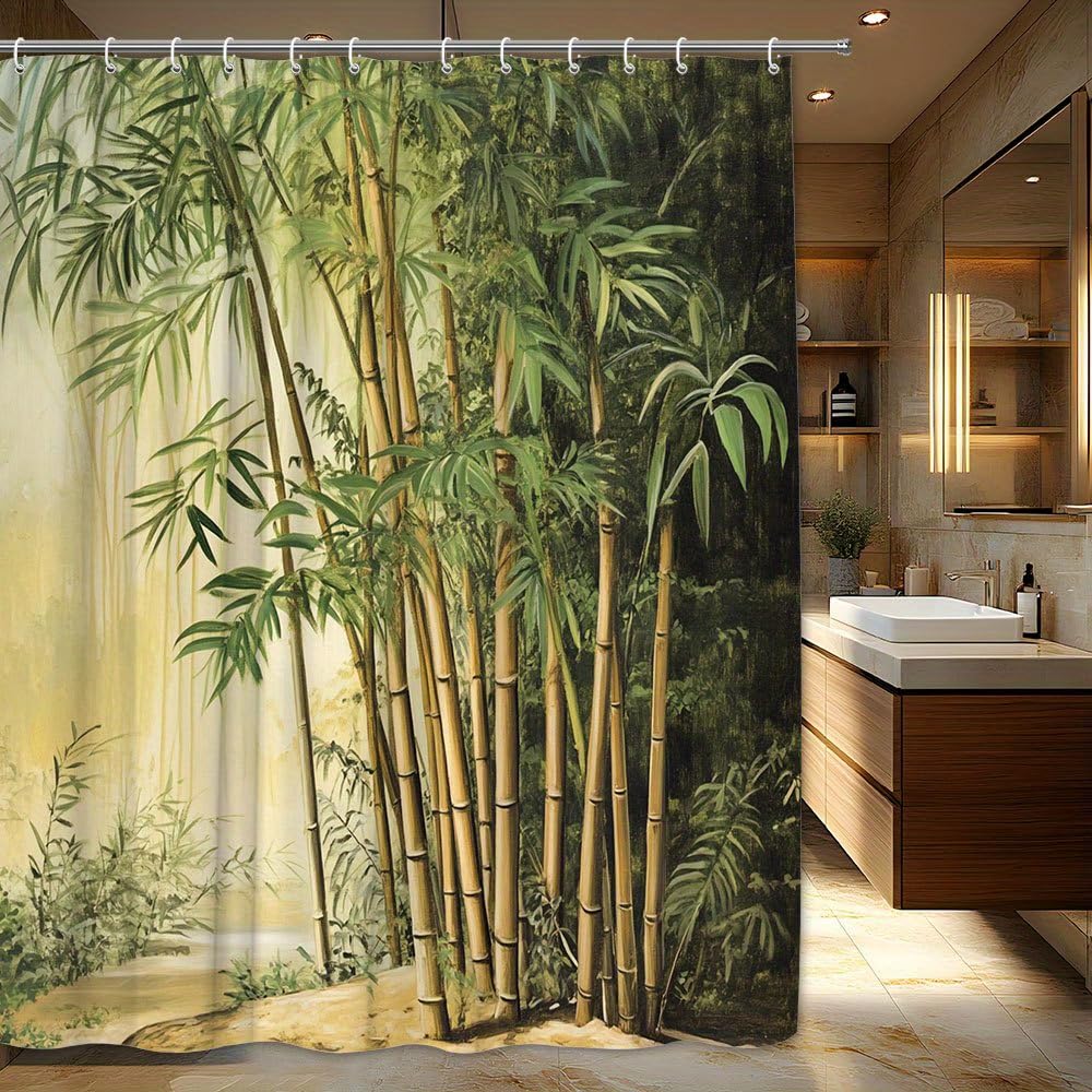 Cortina de Ducha con diseño de Bosque de bambú, Ambiente Tropical Sereno con Tallos Altos de bambú y luz Tenue. Incluye 12 Ganchos (180 x 300 cm / 71 x 118 Pulgadas (Ancho x Alto)).