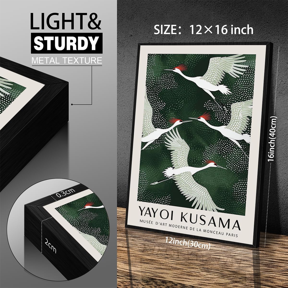 Yayoi Kusama Wall Art Japanese Flying White Cranes Poster 12x16 inch Black Framed Modern Vintage Green Bird Canvas Prints for Living Room Bedroom Dorm Wall Decor