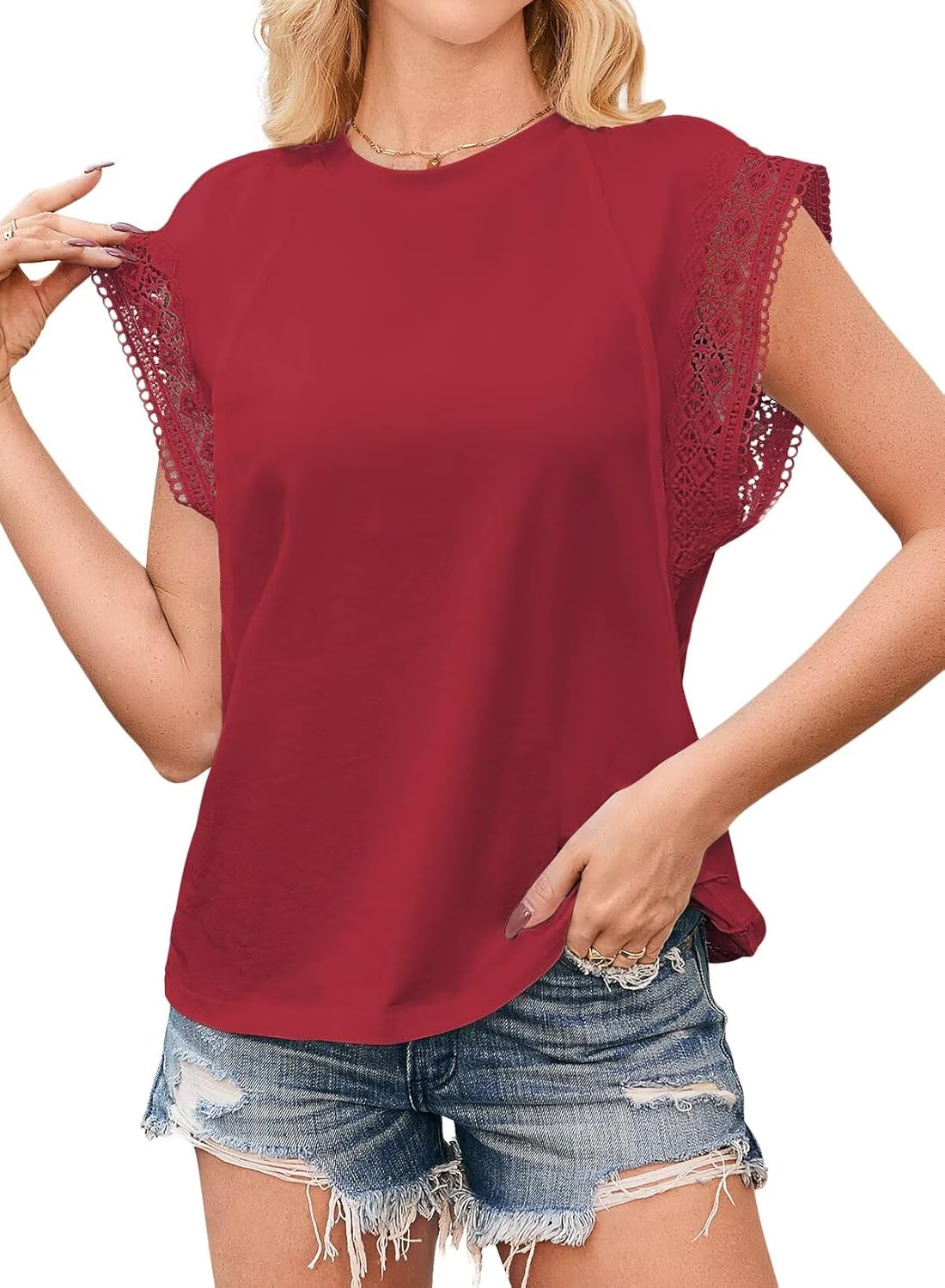 Womens Summer Tops Crochet Cap Sleeve Shirts Hollow Casual Geometric Tees Boho Sleeveless Tank Top Loose Fit Tunic